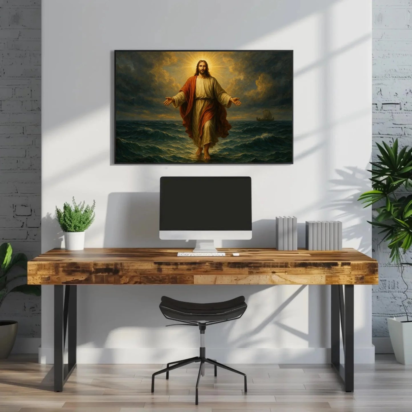 Jesus walking on water canvas wall art print for Christian home or church decor with glowing halo ocean miracle and biblical faith scene Wall Art – Canvas Print