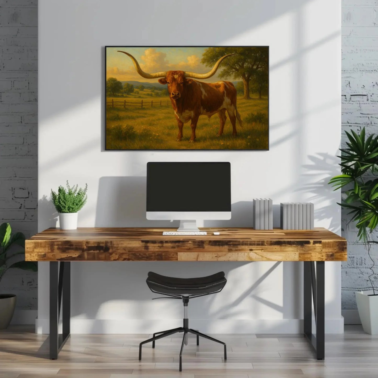Majestic Texas Longhorn Bull Artwork Rustic Western Ranch Farmhouse Cattle Animal Print Cowboy Country Wall Art Home Decor Wall Art – Canvas Print