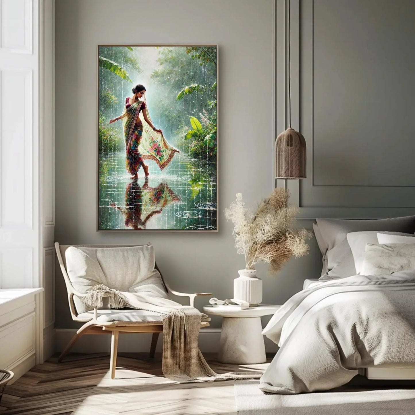 Monsoon Magic: Indian Women in Rain Canvas Print | Vibrant Traditional Oil Painting | Cultural Indian Wall Art for Living Room or Bedroom Wall Art – Canvas Print