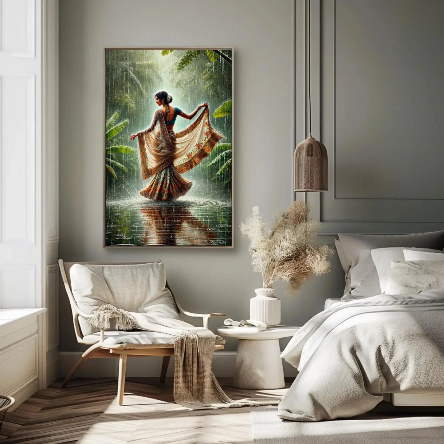 Traditional Indian Women in Tropical Green Rainy Jungle Canvas Print | Cultural Oil Painting | Vibrant Indian Wall Art for Living Room Wall Art – Canvas Print