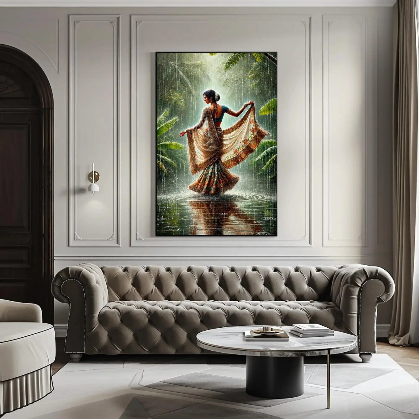 Traditional Indian Women in Tropical Green Rainy Jungle Canvas Print | Cultural Oil Painting | Vibrant Indian Wall Art for Living Room Wall Art – Canvas Print
