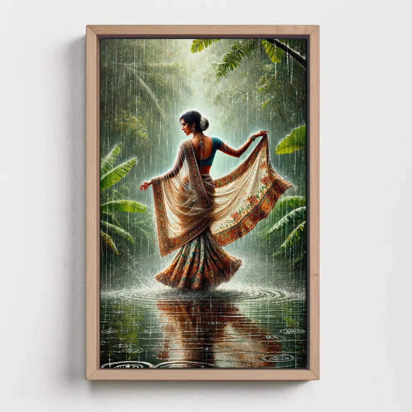 Traditional Indian Women in Tropical Green Rainy Jungle Canvas Print | Cultural Oil Painting | Vibrant Indian Wall Art for Living Room Wall Art – Canvas Print
