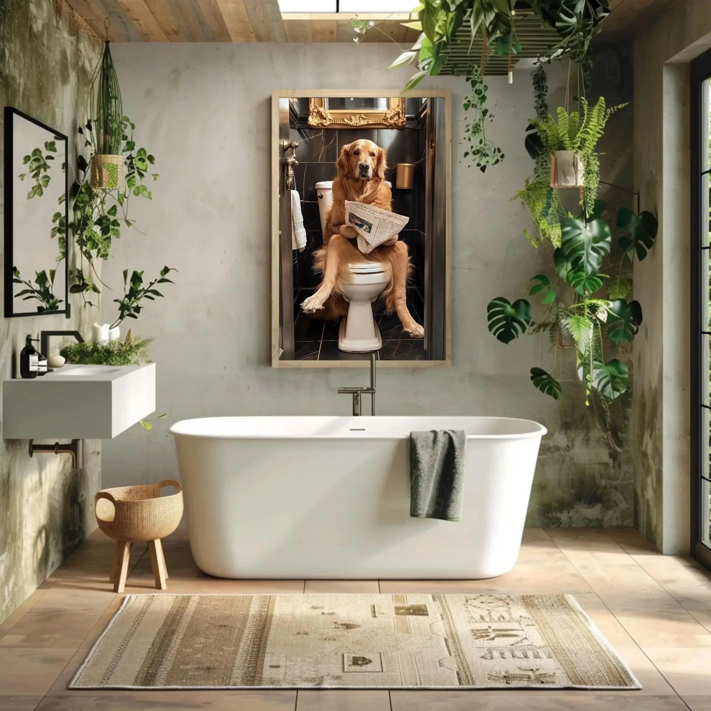 Golden Retriever Reading Newspaper on Toilet Canvas Print - Toilet Humor - Whimsical Bathroom Art - Funny Animal Print - HQ Ready to Hang Wall Art – Canvas Print