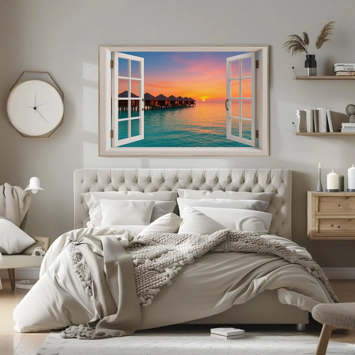 Maldives overwater bungalow canvas wall art print with open window view of tropical sunset ocean for beach house or island escape decor Wall Art – Canvas Print
