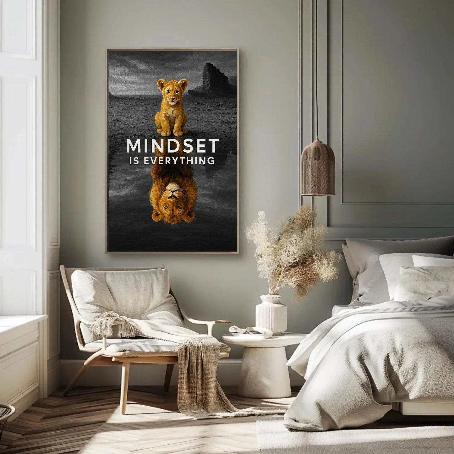 Mindset lion cub canvas wall art print for motivational home or office decor with inspirational animal quote and desert reflection scene Wall Art – Canvas Print