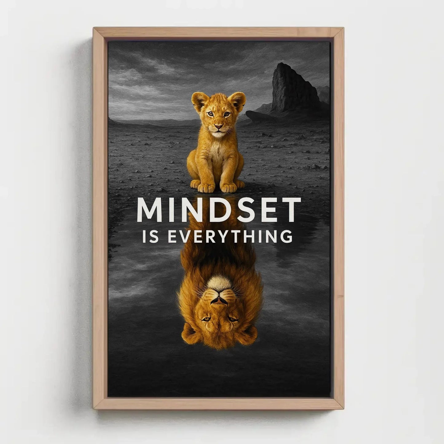 Mindset lion cub canvas wall art print for motivational home or office decor with inspirational animal quote and desert reflection scene Wall Art – Canvas Print
