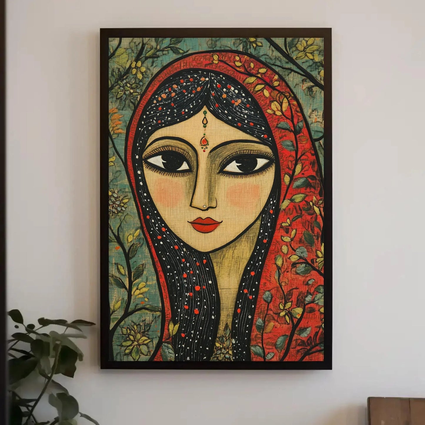 Indian Woman Sage Green Canvas Print, Madhubani-Inspired Folk Art, Traditional Indian Artwork for Restaurant Decor or Living Room Art Gift Wall Art – Canvas Print