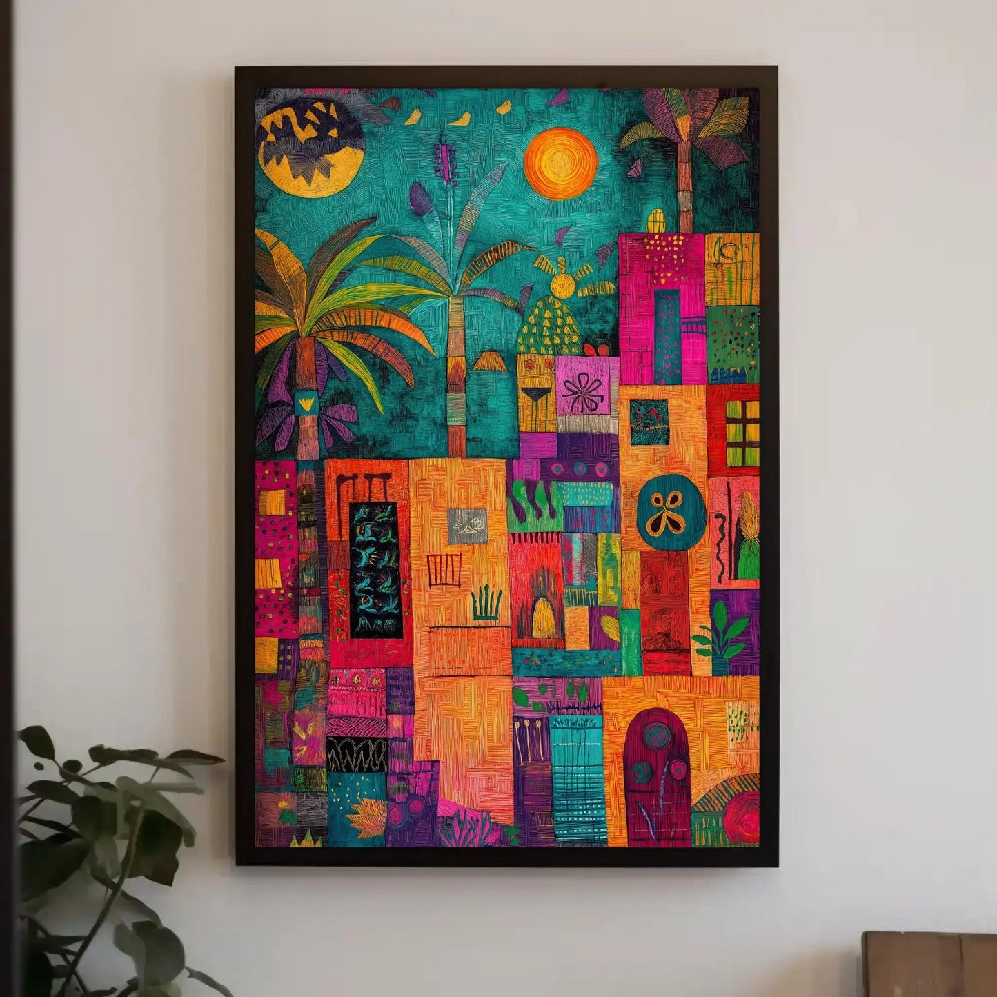 Mexican Town Folk Art Style Canvas Print, Vibrant Mexico Painting, Cultural Wall Art for Living Room or Kitchen Decor Wall Art – Canvas Print