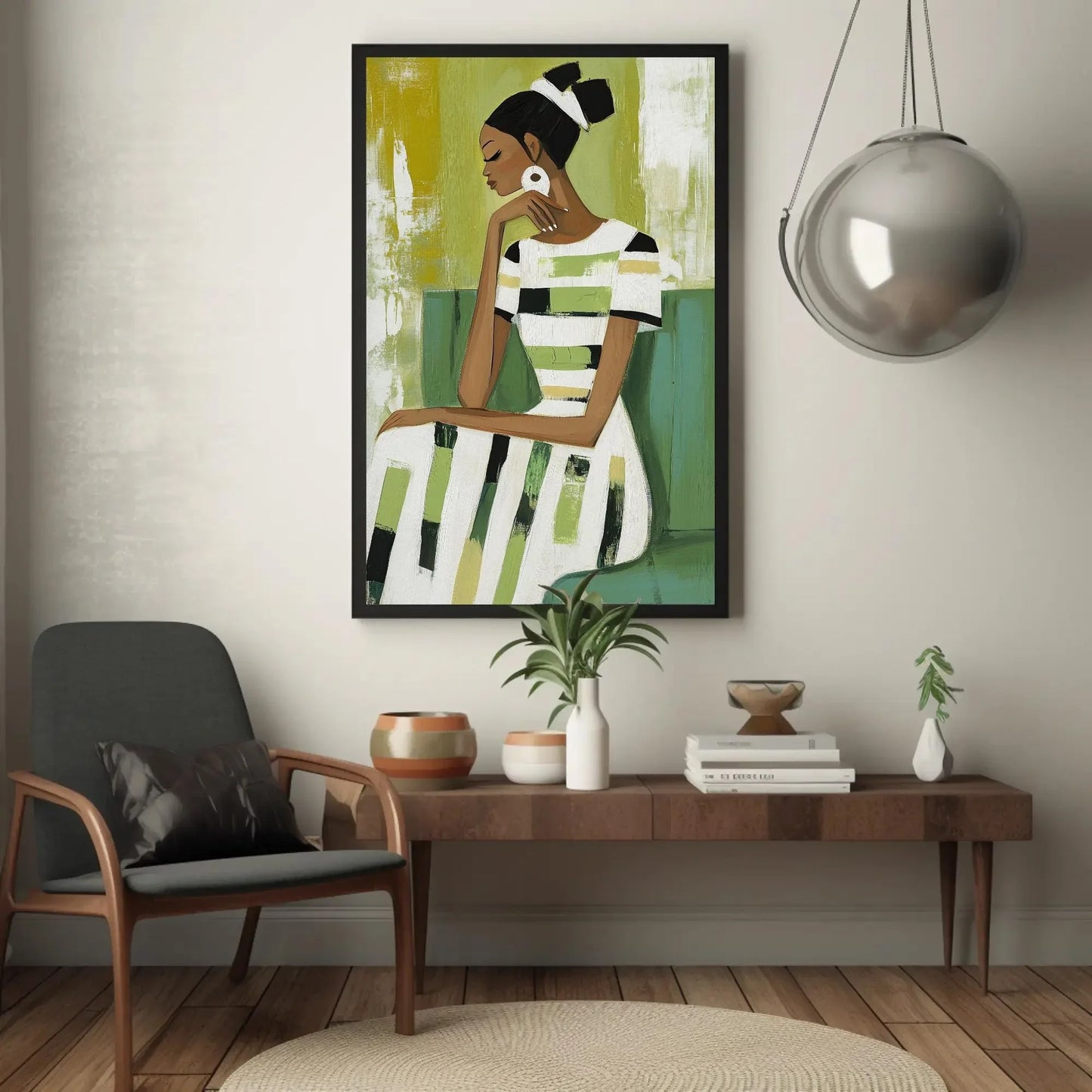 Black Woman Sage Green Abstract Painting Canvas Print | Modern Minimalist Wall Art | Elegant African American Decor for Living Room Bedroom Wall Art – Canvas Print