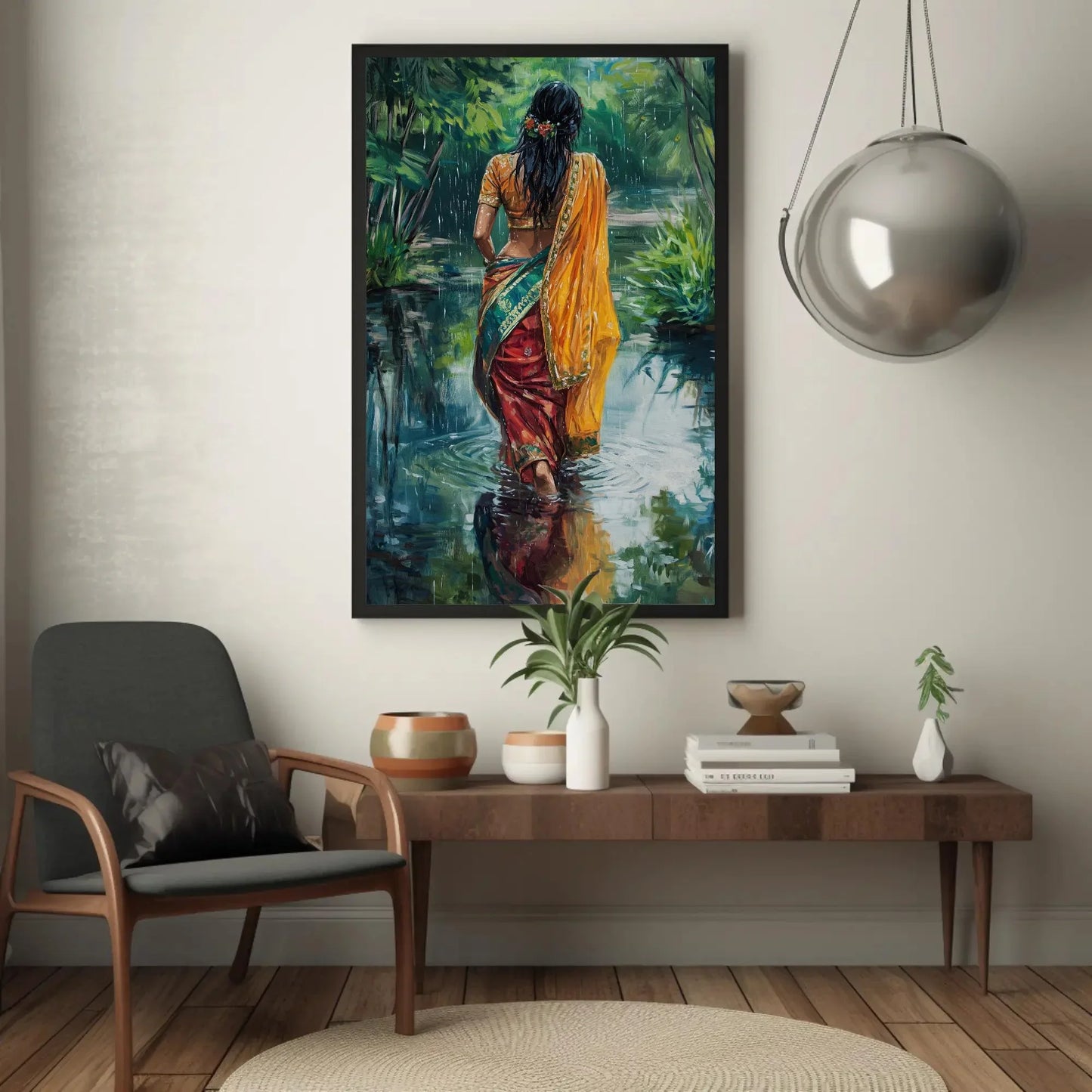 Indian Women in Sarees Walking in Rain Canvas Print | Vibrant Traditional Oil Painting | Cultural Indian Wall Art for Living Room or Bedroom Wall Art – Canvas Print