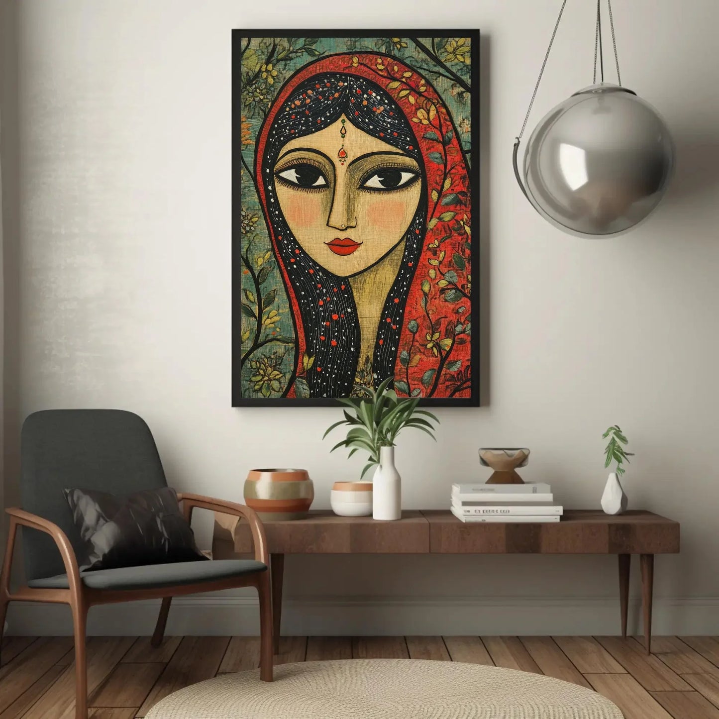 Indian Woman Sage Green Canvas Print, Madhubani-Inspired Folk Art, Traditional Indian Artwork for Restaurant Decor or Living Room Art Gift Wall Art – Canvas Print