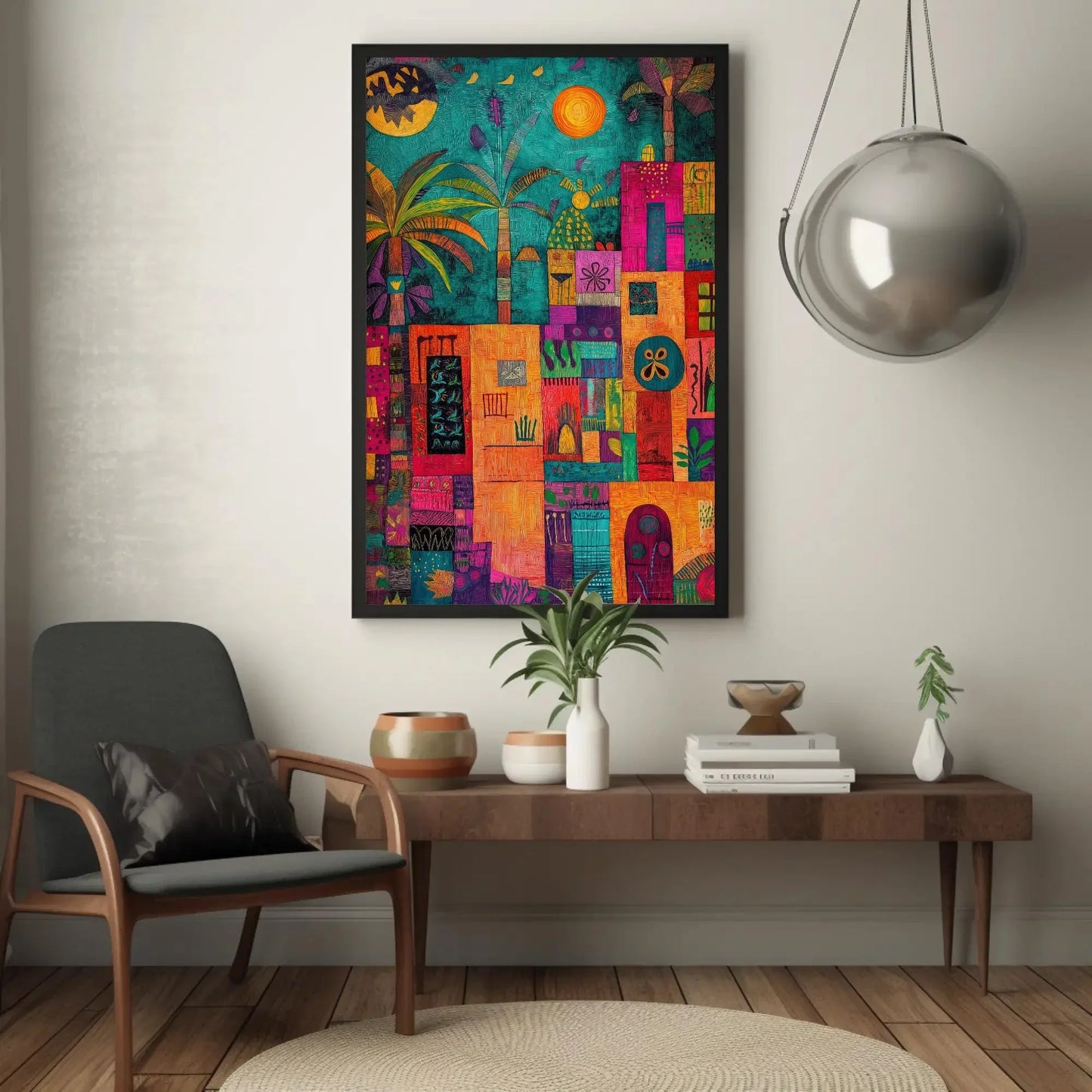 Mexican Town Folk Art Style Canvas Print, Vibrant Mexico Painting, Cultural Wall Art for Living Room or Kitchen Decor Wall Art – Canvas Print