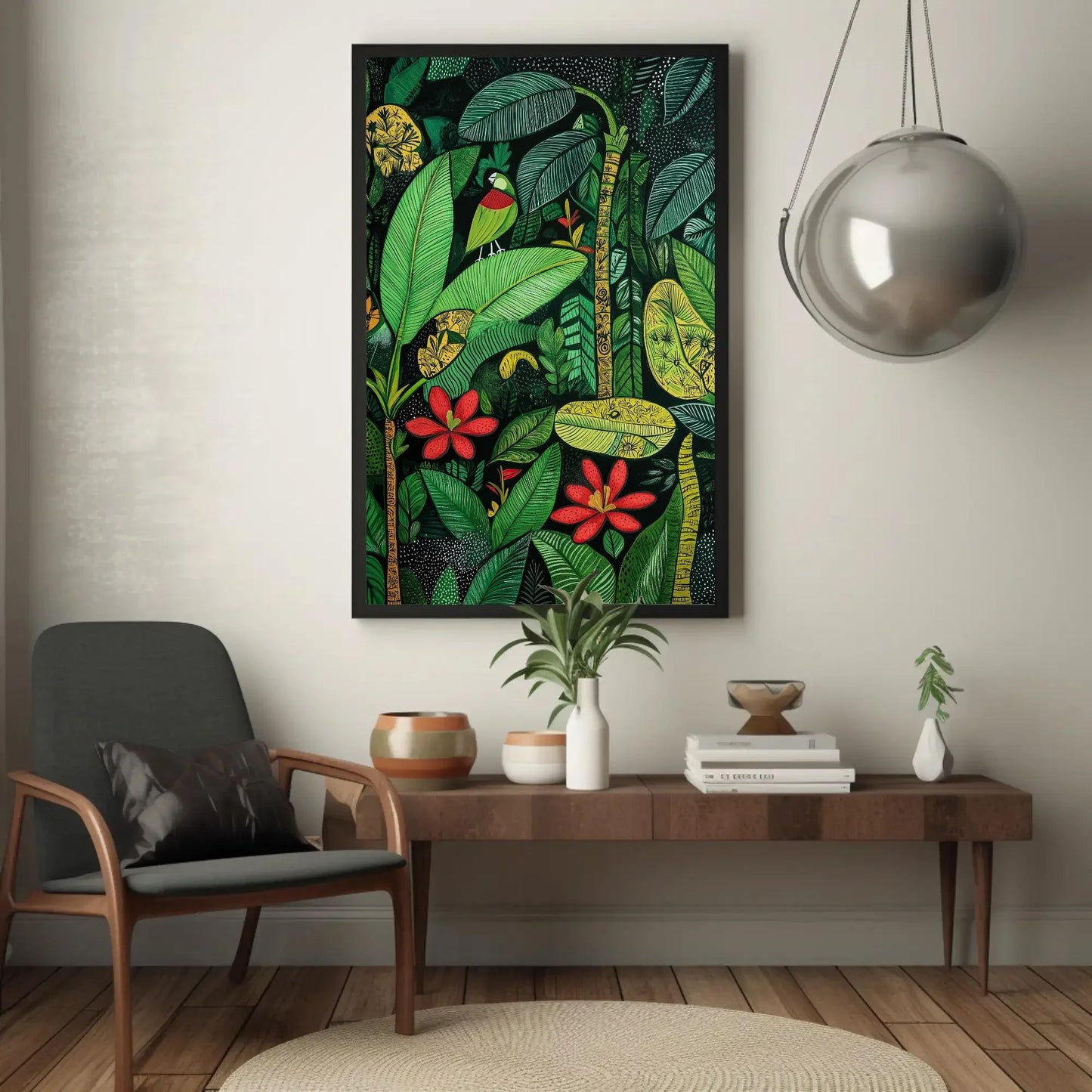 Madhubani Style Tropical Green Indian Jungle Canvas Print, Traditional Indian Wall Art, Vibrant Green Decor for Living Room or Bedroom Wall Art – Canvas Print