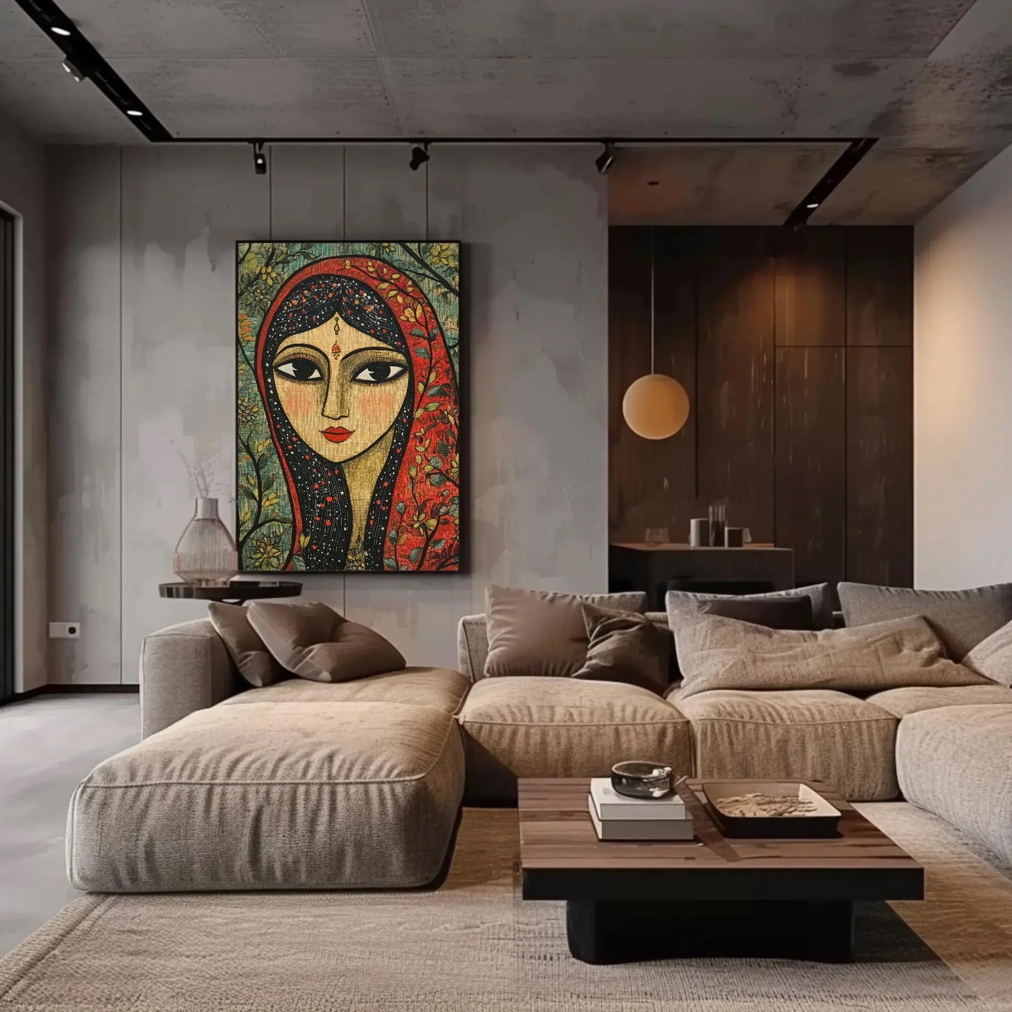 Indian Woman Sage Green Canvas Print, Madhubani-Inspired Folk Art, Traditional Indian Artwork for Restaurant Decor or Living Room Art Gift Wall Art – Canvas Print