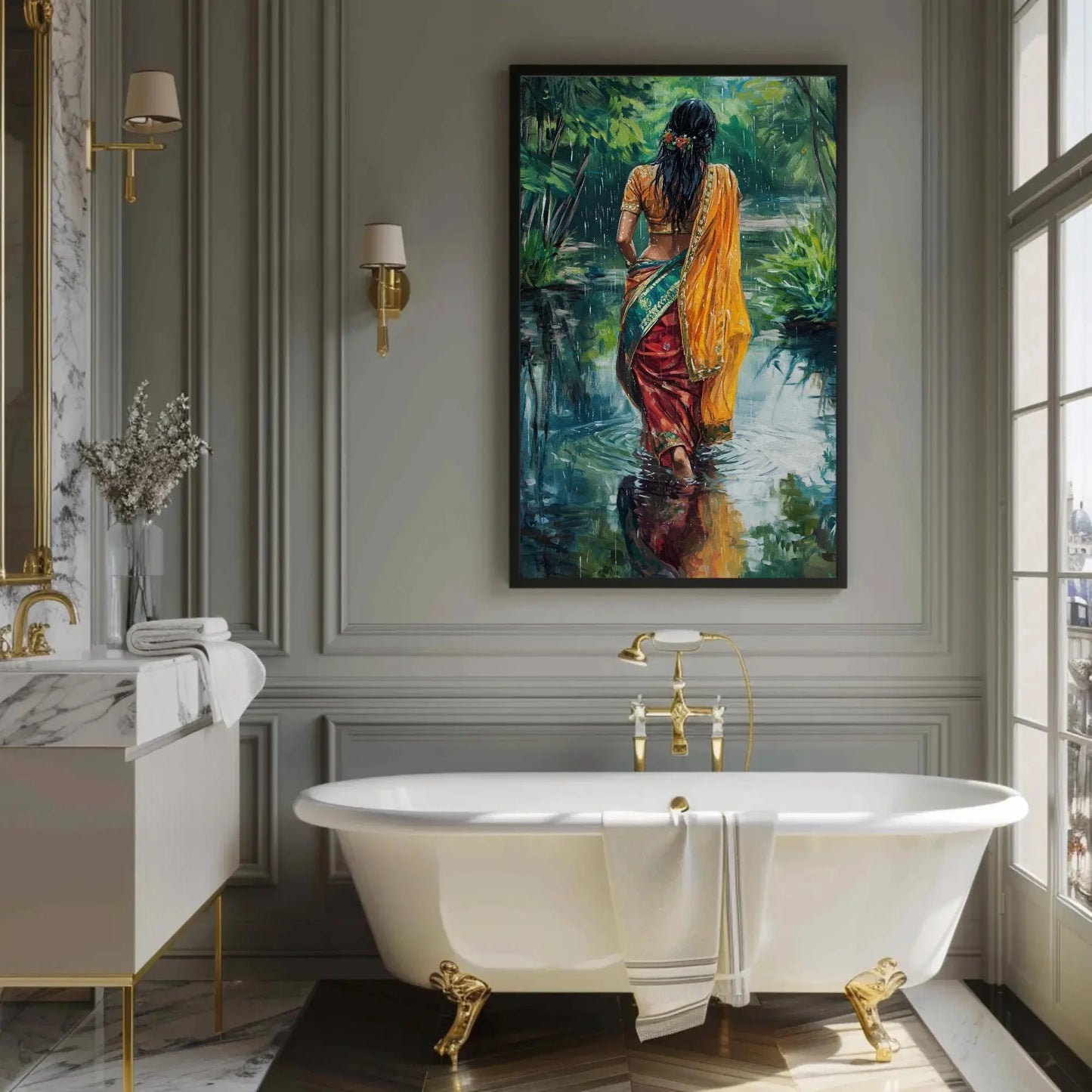 Indian Women in Sarees Walking in Rain Canvas Print | Vibrant Traditional Oil Painting | Cultural Indian Wall Art for Living Room or Bedroom Wall Art – Canvas Print