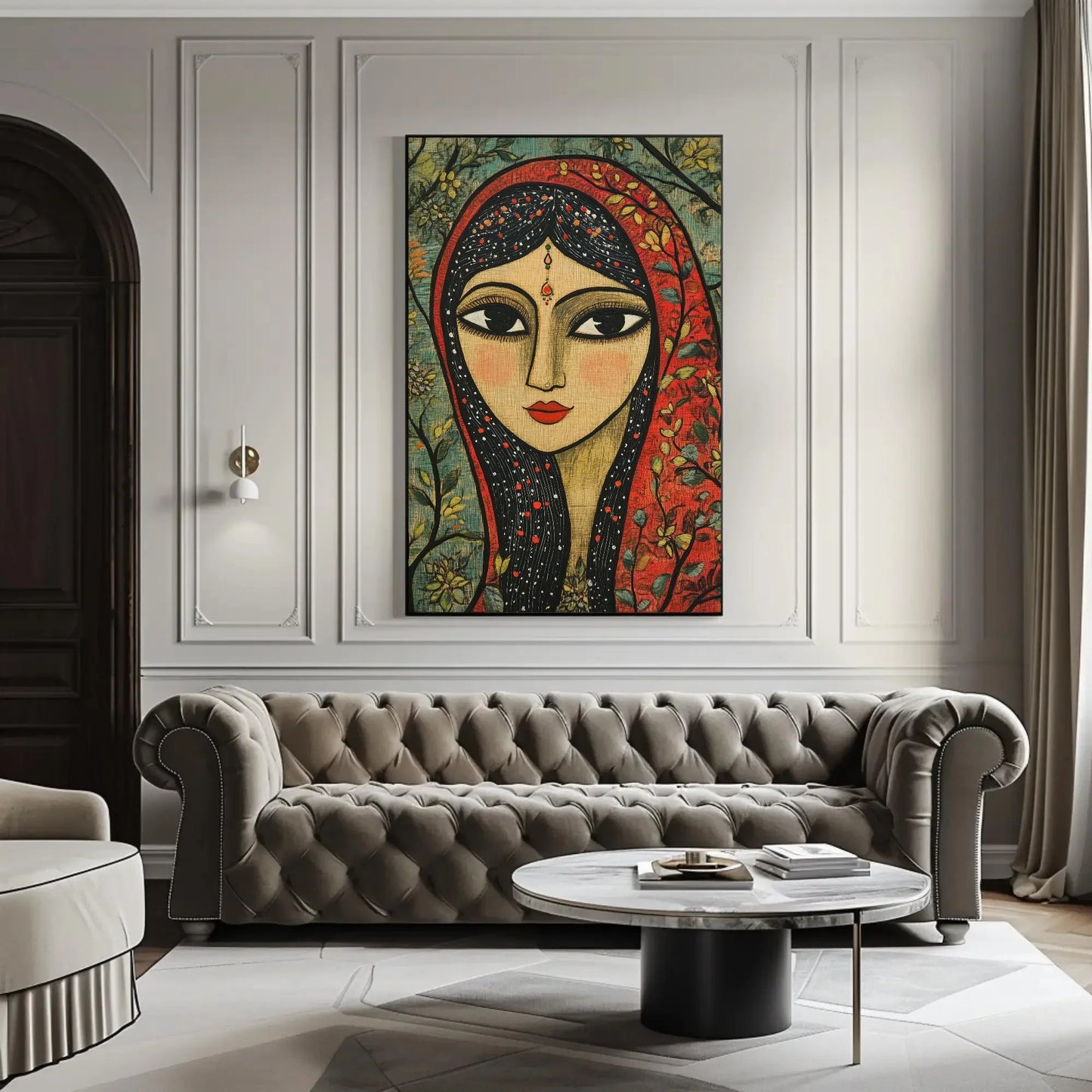 Indian Woman Sage Green Canvas Print, Madhubani-Inspired Folk Art, Traditional Indian Artwork for Restaurant Decor or Living Room Art Gift Wall Art – Canvas Print