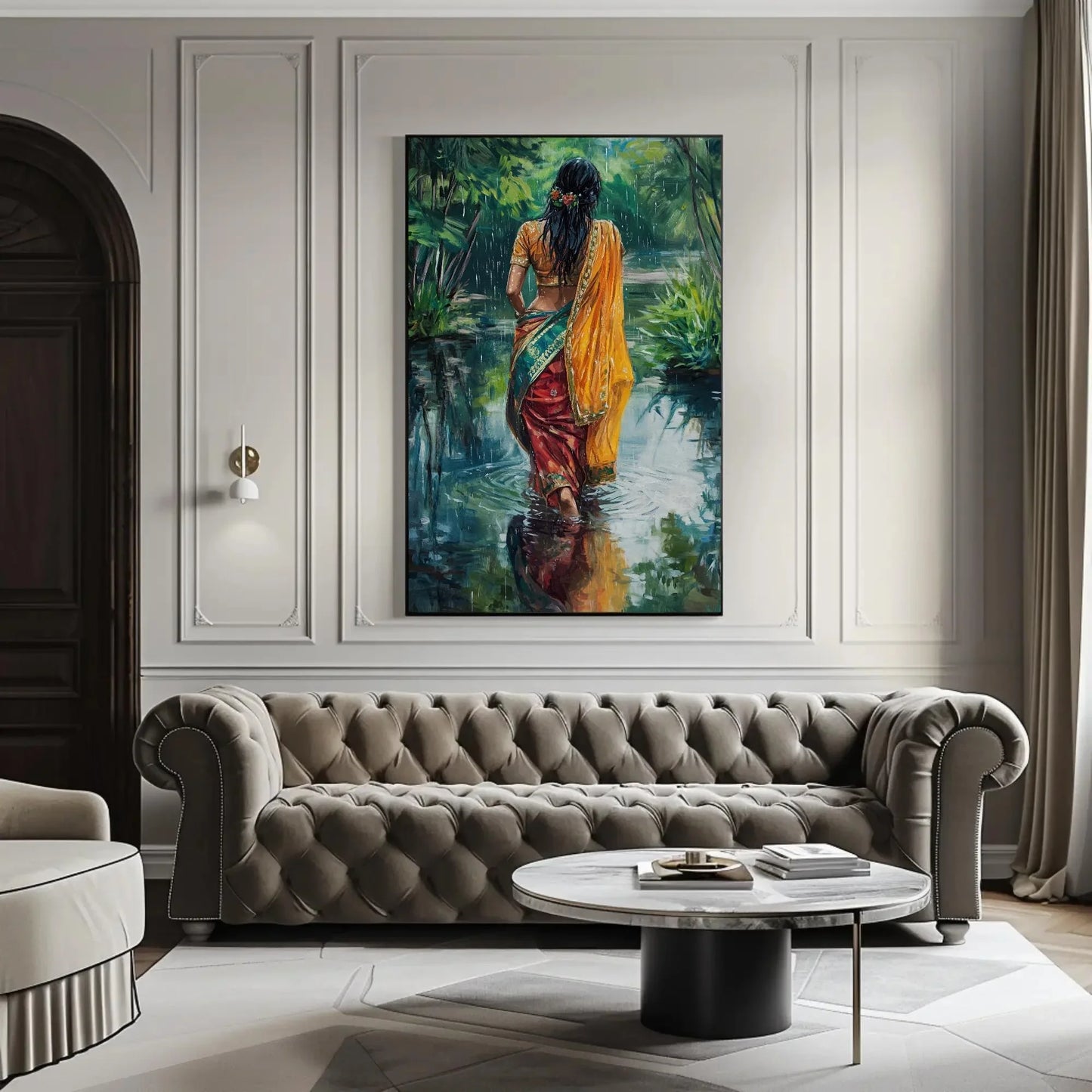 Indian Women in Sarees Walking in Rain Canvas Print | Vibrant Traditional Oil Painting | Cultural Indian Wall Art for Living Room or Bedroom Wall Art – Canvas Print