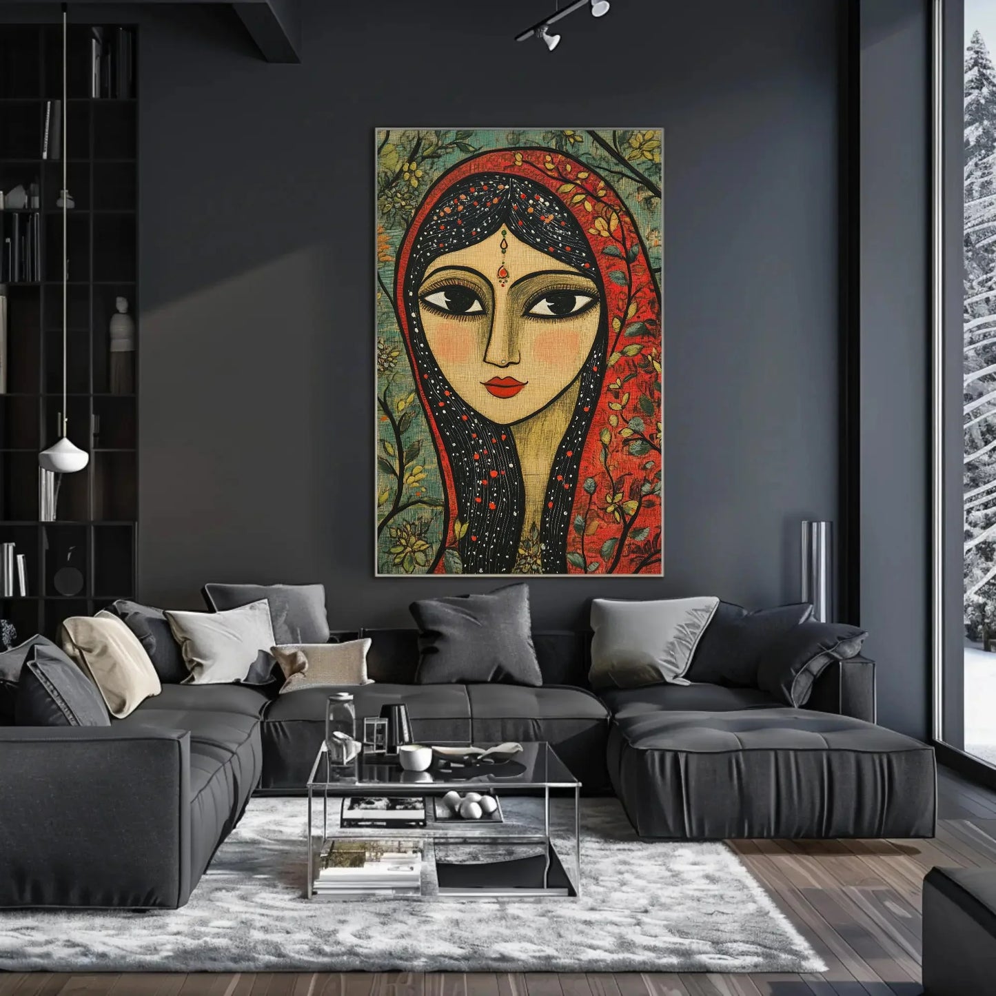 Indian Woman Sage Green Canvas Print, Madhubani-Inspired Folk Art, Traditional Indian Artwork for Restaurant Decor or Living Room Art Gift Wall Art – Canvas Print