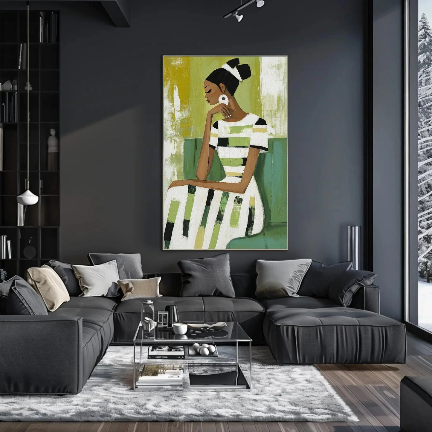Black Woman Sage Green Abstract Painting Canvas Print | Modern Minimalist Wall Art | Elegant African American Decor for Living Room Bedroom Wall Art – Canvas Print