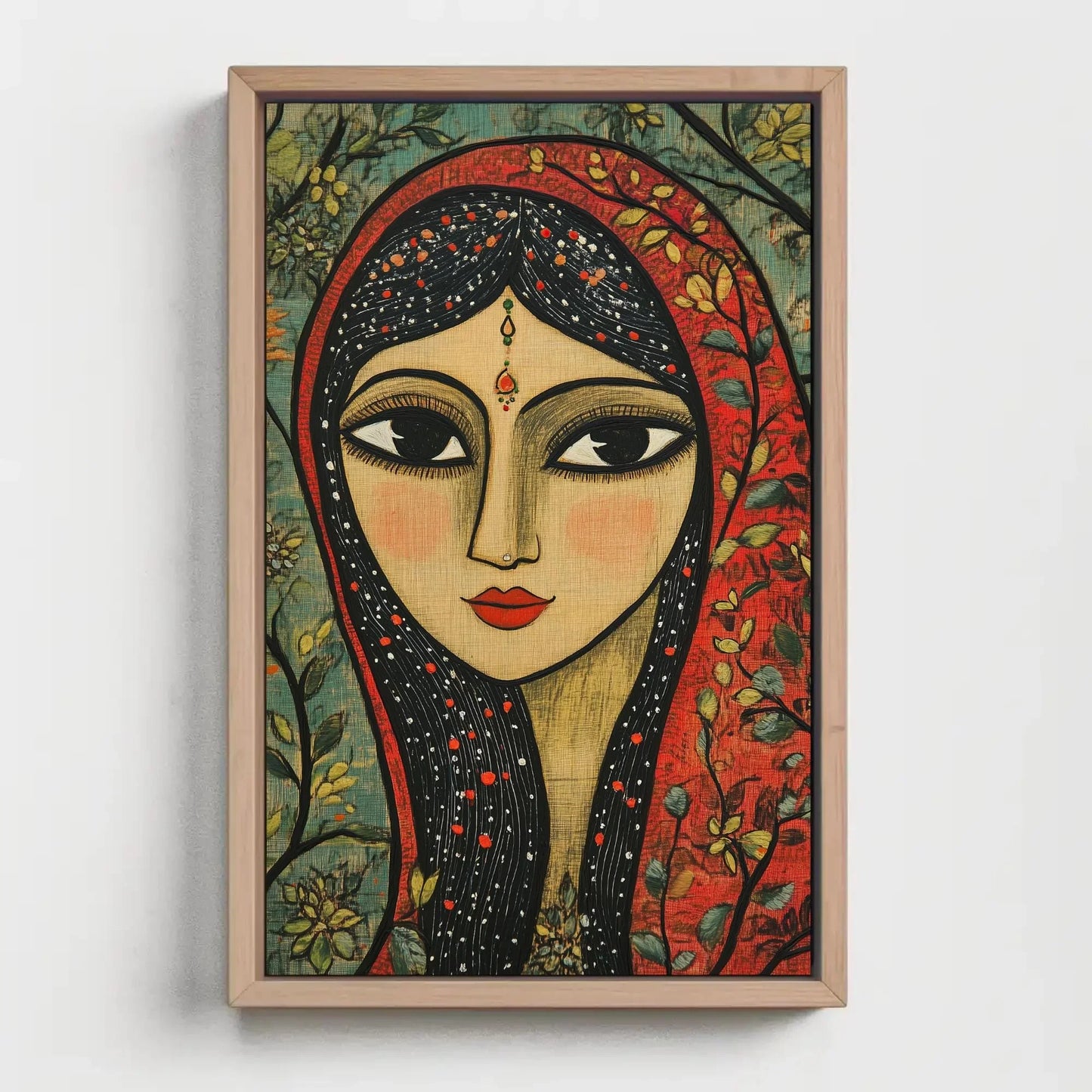 Indian Woman Sage Green Canvas Print, Madhubani-Inspired Folk Art, Traditional Indian Artwork for Restaurant Decor or Living Room Art Gift Wall Art – Canvas Print