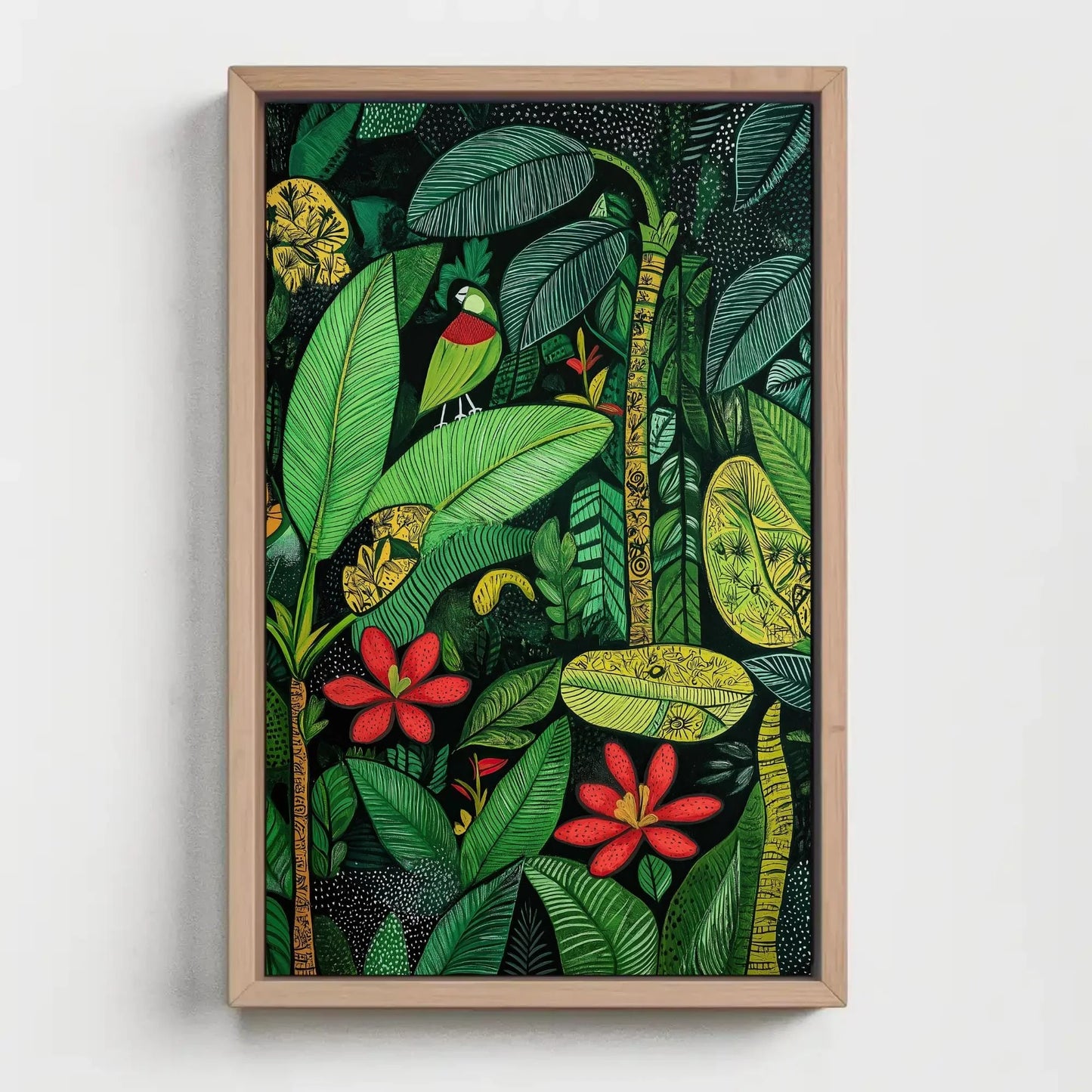 Madhubani Style Tropical Green Indian Jungle Canvas Print, Traditional Indian Wall Art, Vibrant Green Decor for Living Room or Bedroom Wall Art – Canvas Print