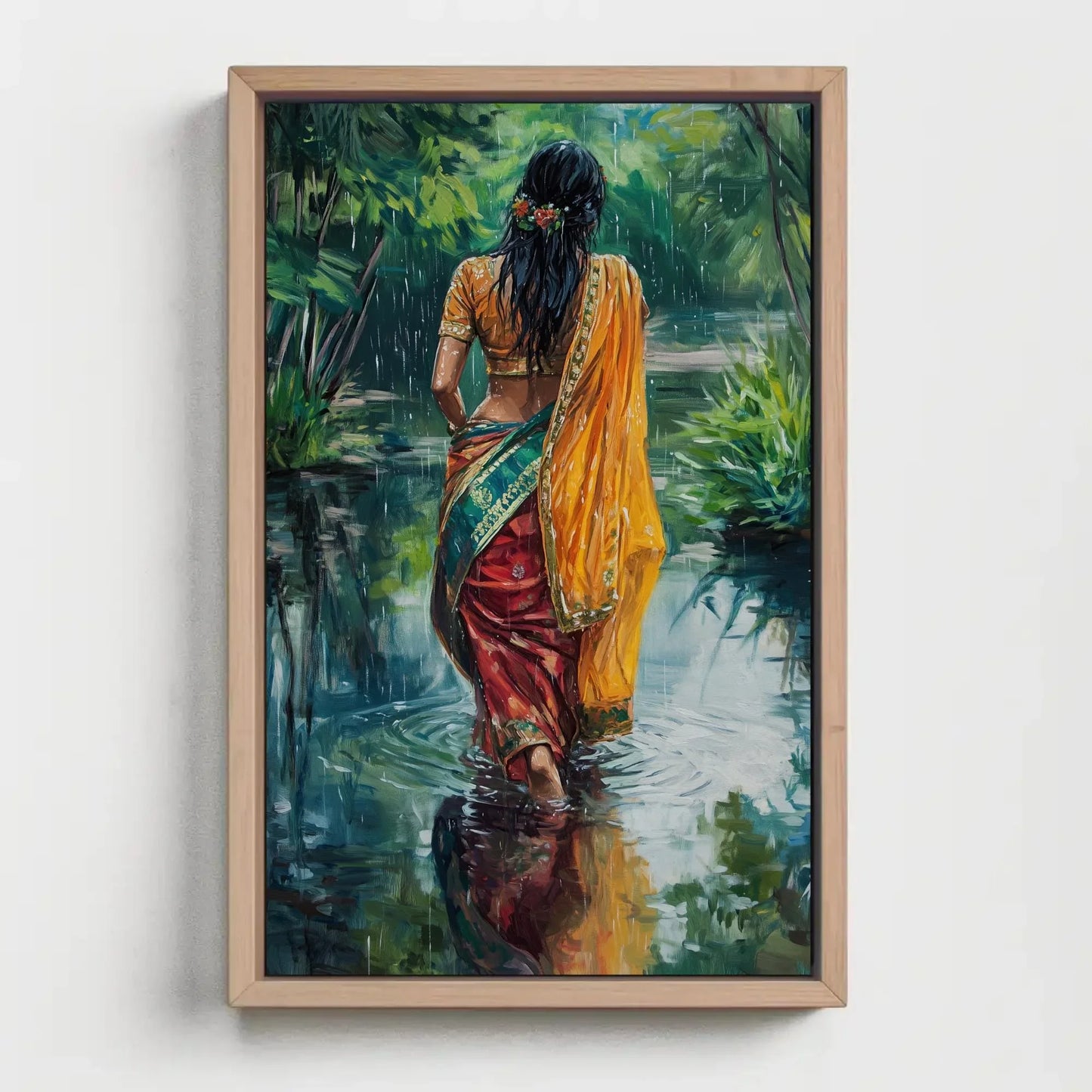 Indian Women in Sarees Walking in Rain Canvas Print | Vibrant Traditional Oil Painting | Cultural Indian Wall Art for Living Room or Bedroom Wall Art – Canvas Print