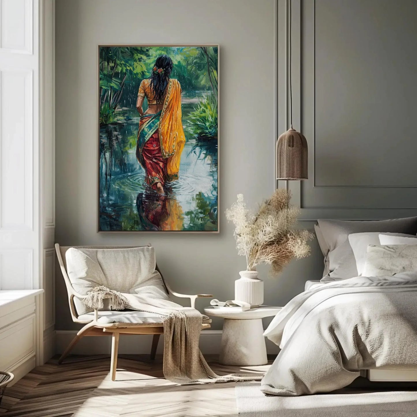 Indian Women in Sarees Walking in Rain Canvas Print | Vibrant Traditional Oil Painting | Cultural Indian Wall Art for Living Room or Bedroom Wall Art – Canvas Print