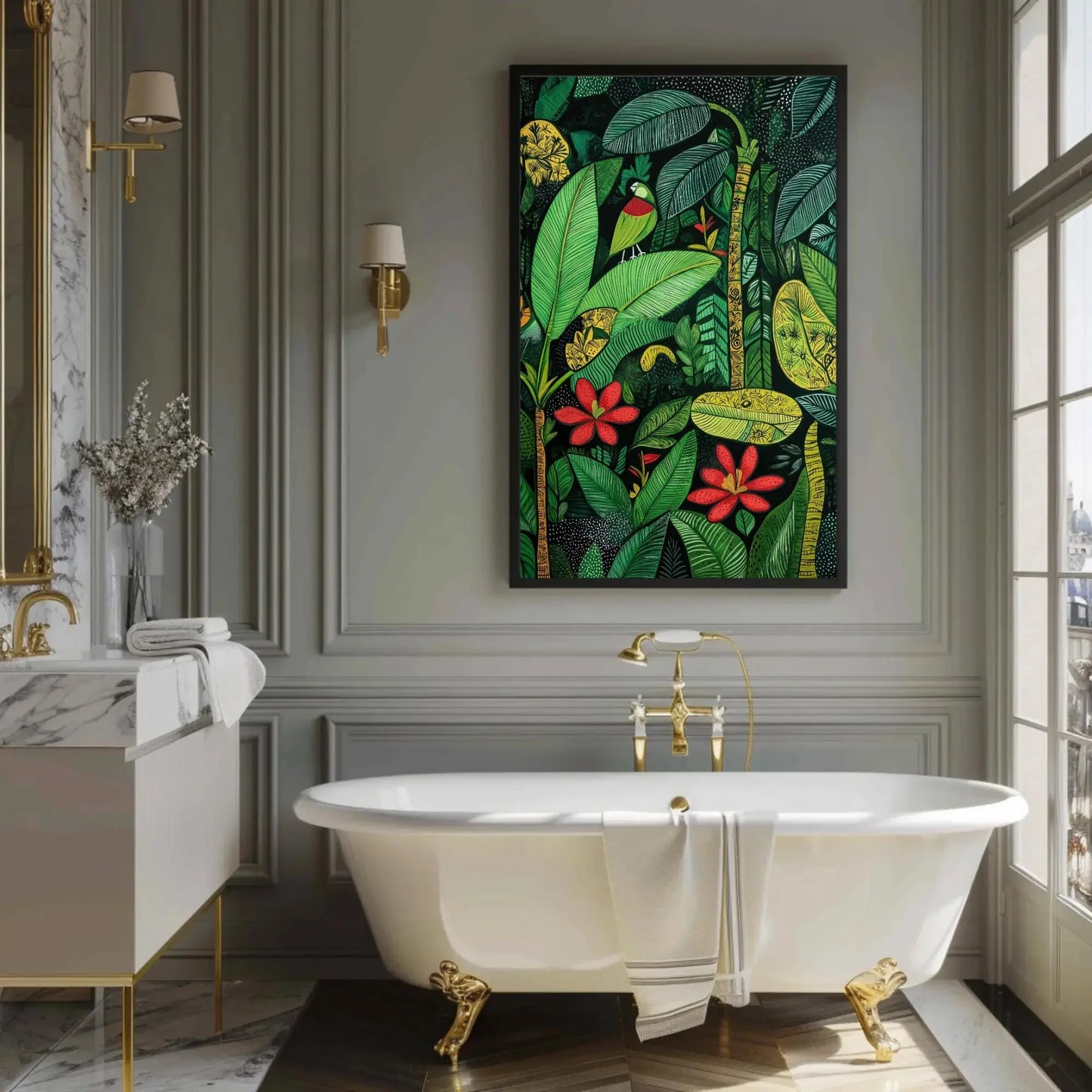 Madhubani Style Tropical Green Indian Jungle Canvas Print, Traditional Indian Wall Art, Vibrant Green Decor for Living Room or Bedroom Wall Art – Canvas Print