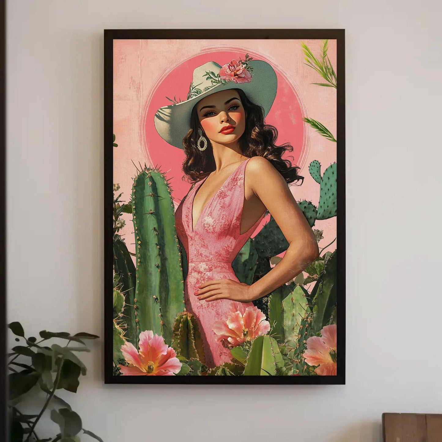 Latina Cowgirl with Cactus and Flowers Canvas Print, Southwestern Wall Art, Vibrant Mexican Decor, Cowgirl Floral Art, Ready to Hang Wall Art – Canvas Print