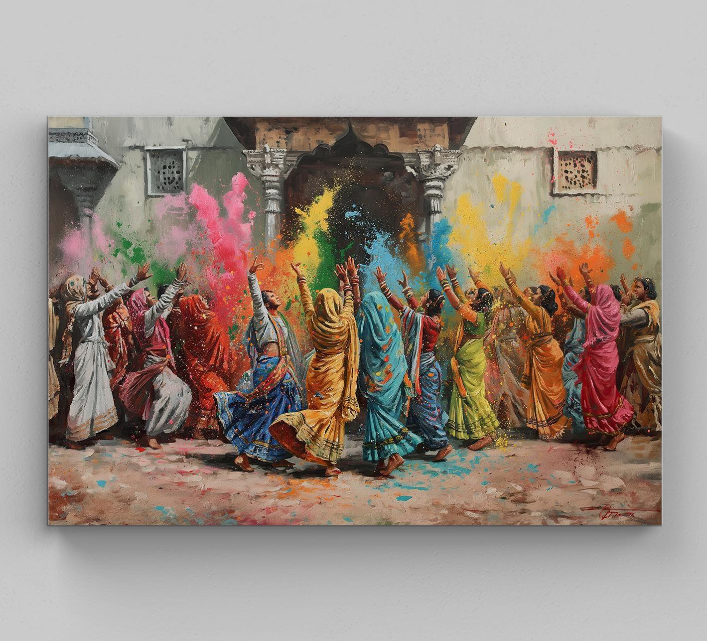 Holi of Vrindavan Painting Large Canvas Print India Culture Art Indian Painting Indian Home Decor Indian Gift Holi Celebration Painting Wall Art – Canvas Print