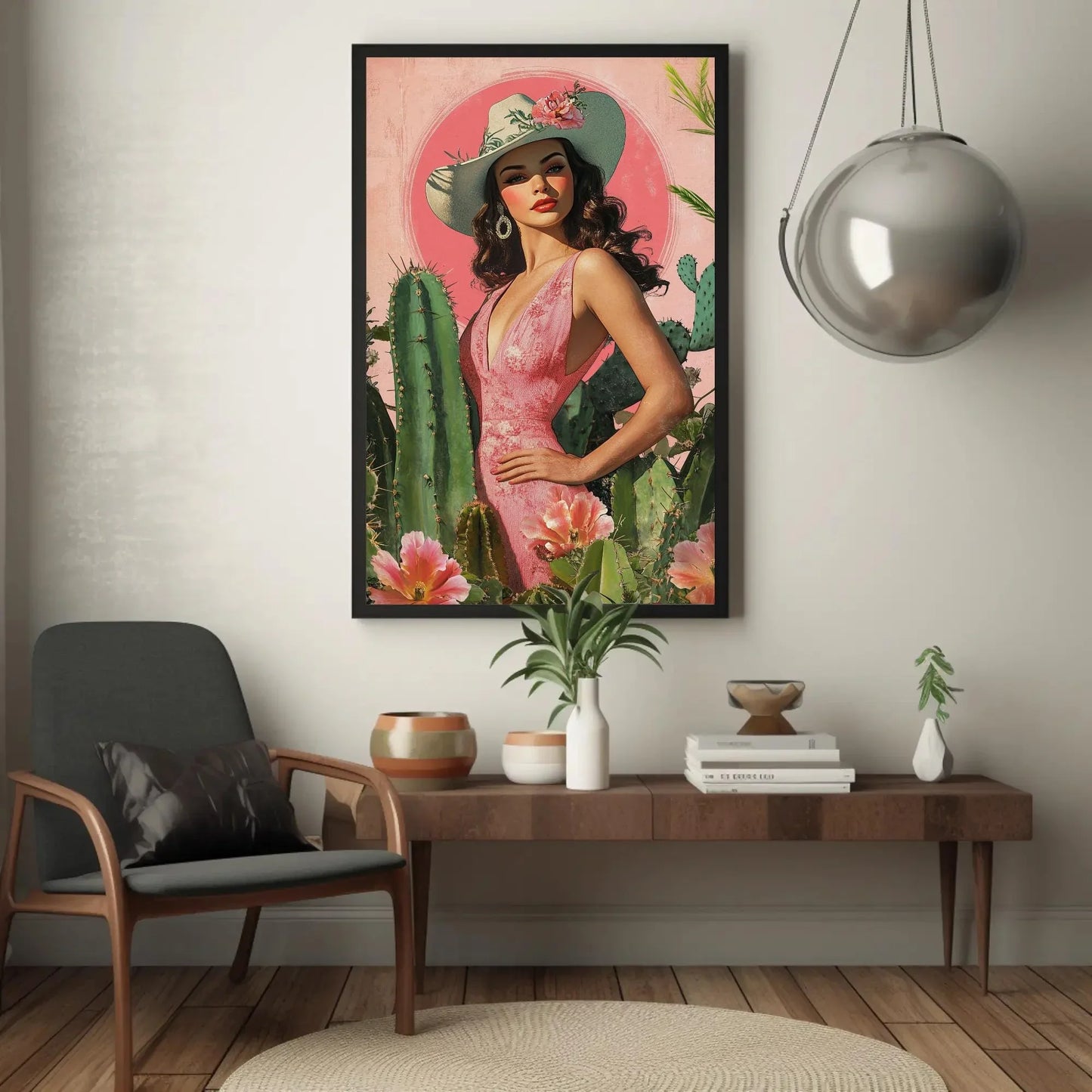 Latina Cowgirl with Cactus and Flowers Canvas Print, Southwestern Wall Art, Vibrant Mexican Decor, Cowgirl Floral Art, Ready to Hang Wall Art – Canvas Print