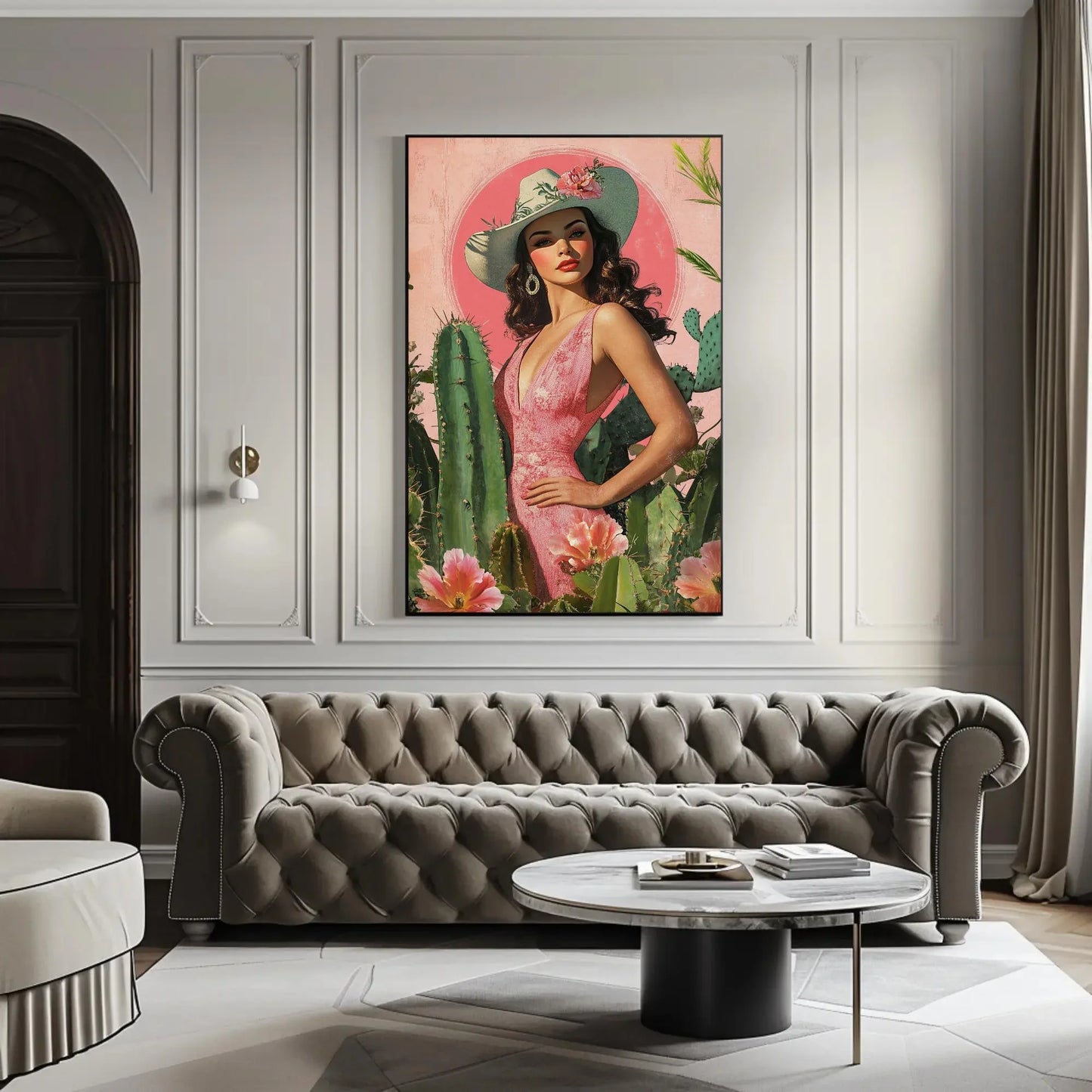Latina Cowgirl with Cactus and Flowers Canvas Print, Southwestern Wall Art, Vibrant Mexican Decor, Cowgirl Floral Art, Ready to Hang Wall Art – Canvas Print