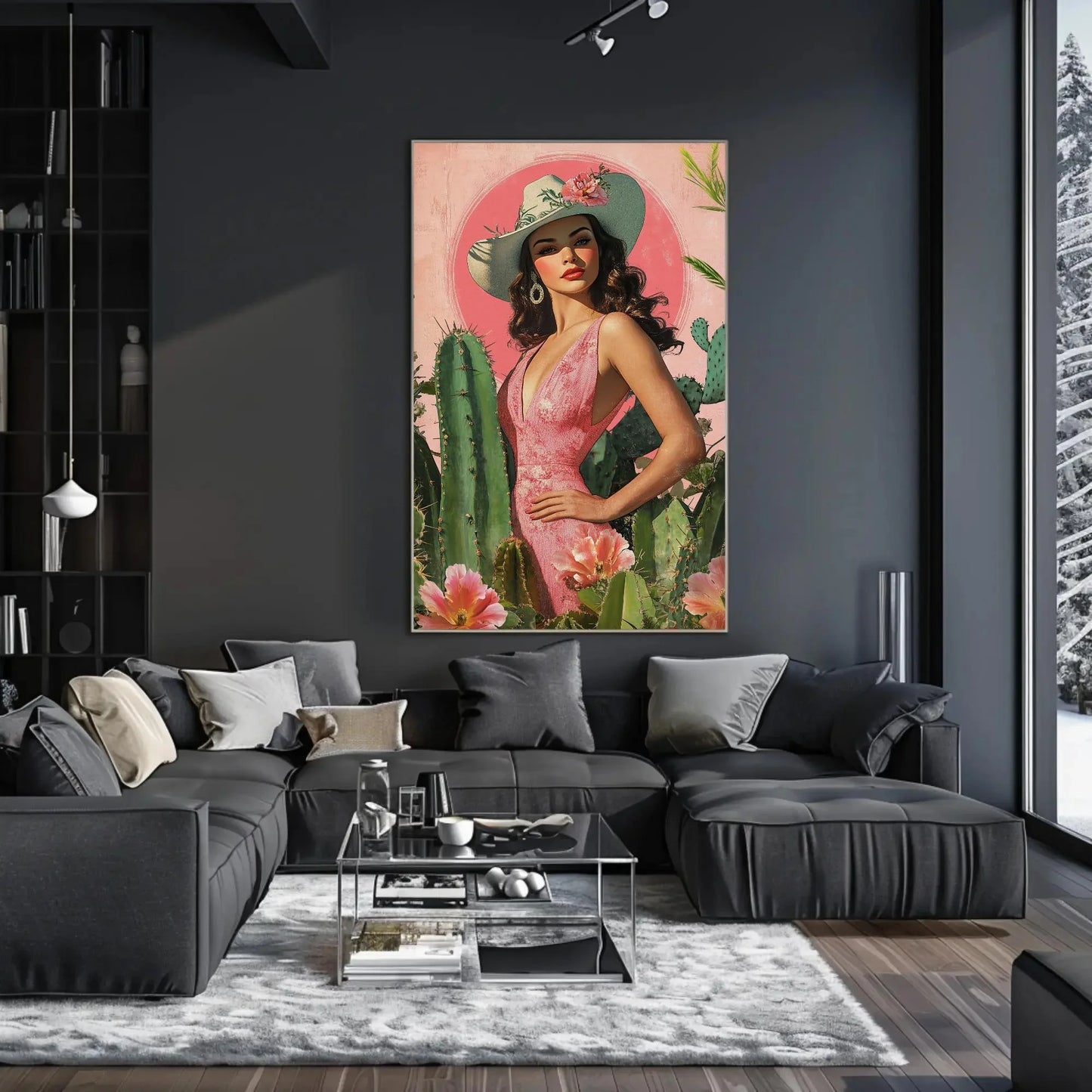 Latina Cowgirl with Cactus and Flowers Canvas Print, Southwestern Wall Art, Vibrant Mexican Decor, Cowgirl Floral Art, Ready to Hang Wall Art – Canvas Print