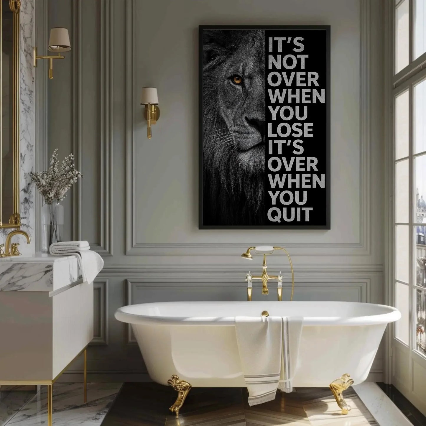 Motivational Lion Canvas Print, Extra Large Black and White Wall Art with Quote, Bold Office or Gym Decor for Men’s Spaces Success Mindset Wall Art – Canvas Print