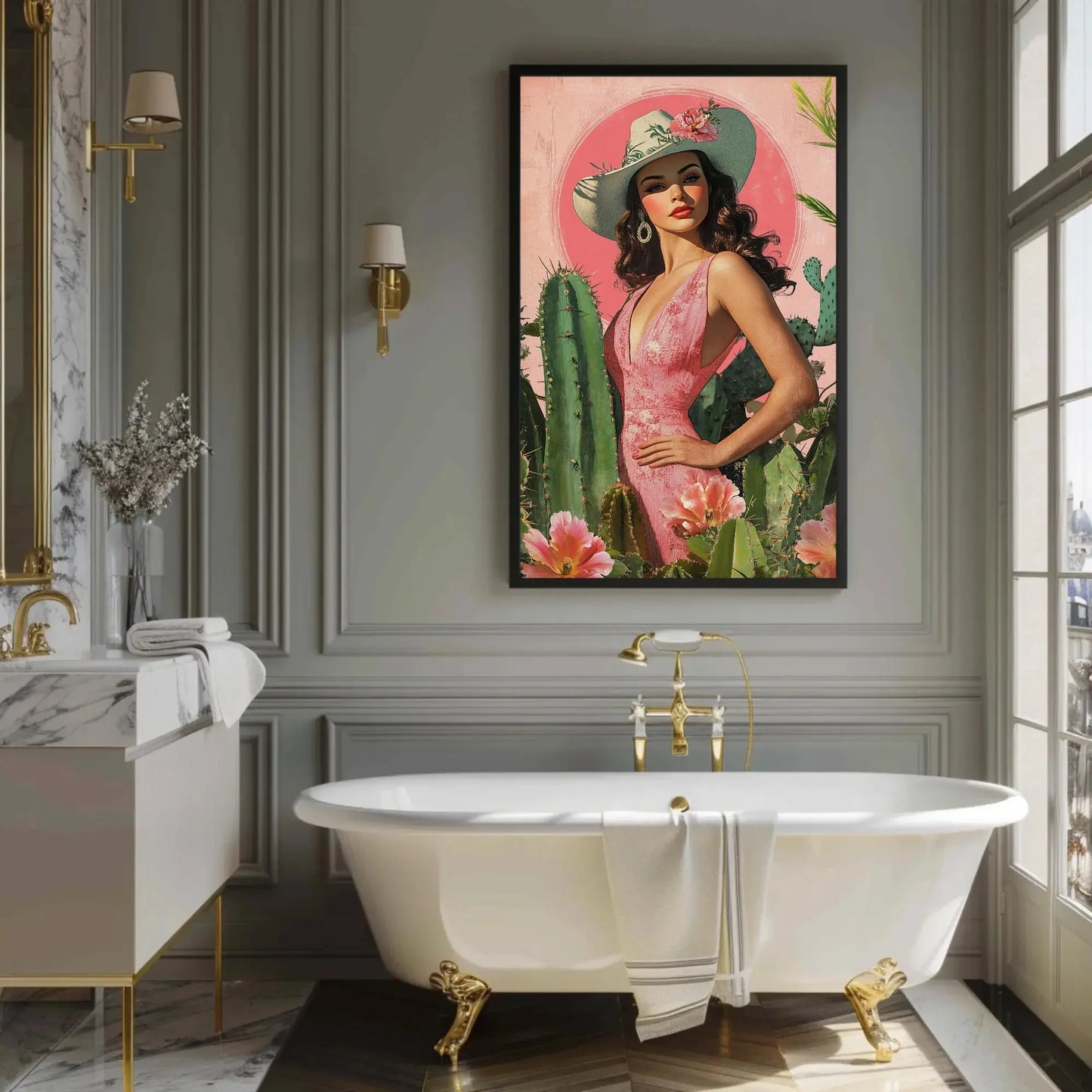 Latina Cowgirl with Cactus and Flowers Canvas Print, Southwestern Wall Art, Vibrant Mexican Decor, Cowgirl Floral Art, Ready to Hang Wall Art – Canvas Print