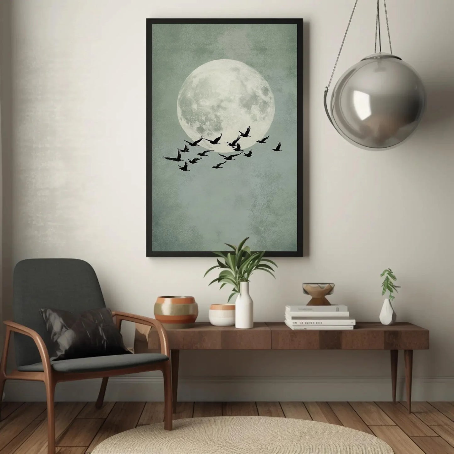 Sage Green Japandi Sun and Birds Canvas Print, Large, Abstract Wall Art, Minimalist Nature Decor for Bedroom, Office, or Zen Living Space Wall Art – Canvas Print