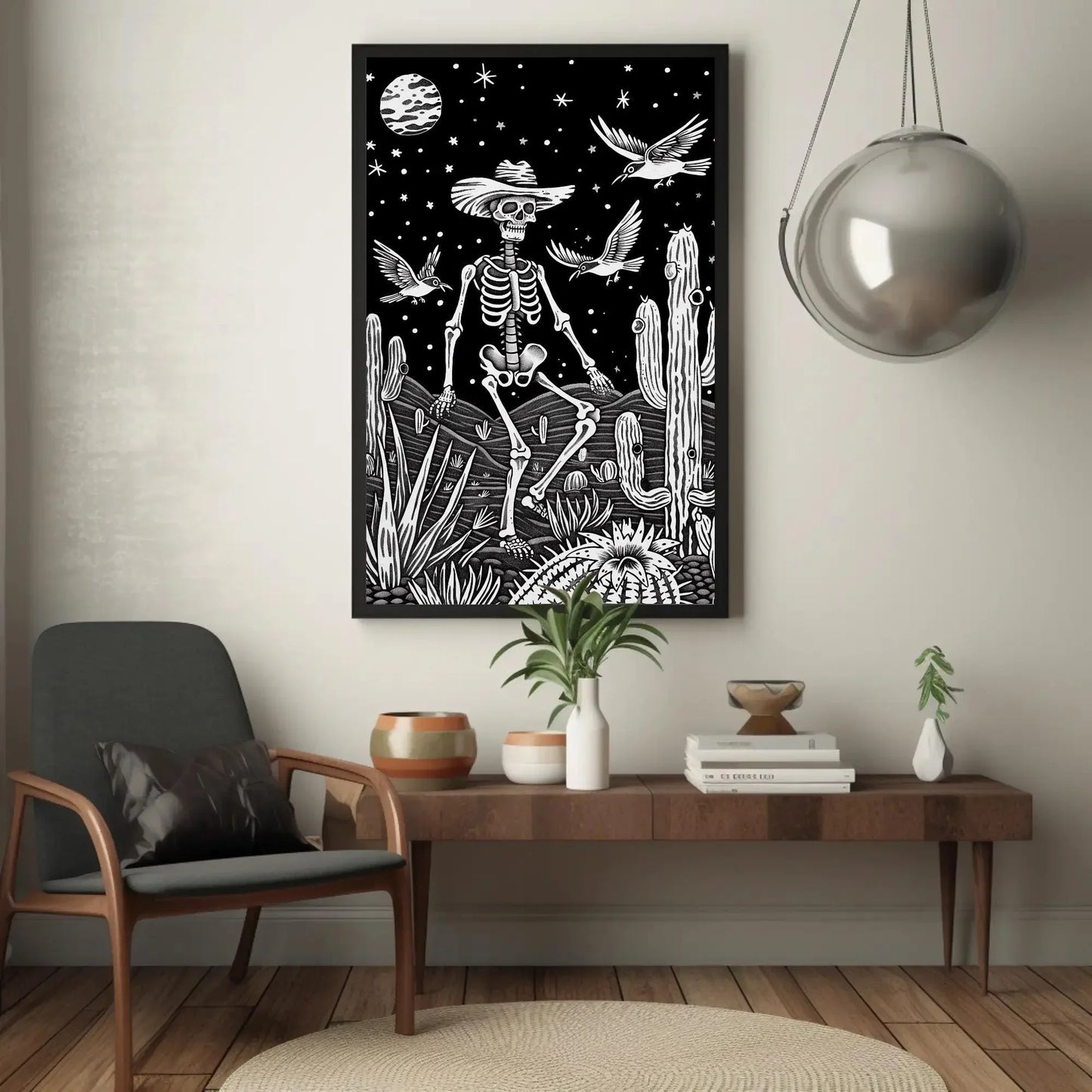 Mexican Skull with Sombrero Canvas Print, Extra Large Black and White Cactus Art, Day of the Dead Wall Decor for Rustic Cultural Home Style Wall Art – Canvas Print