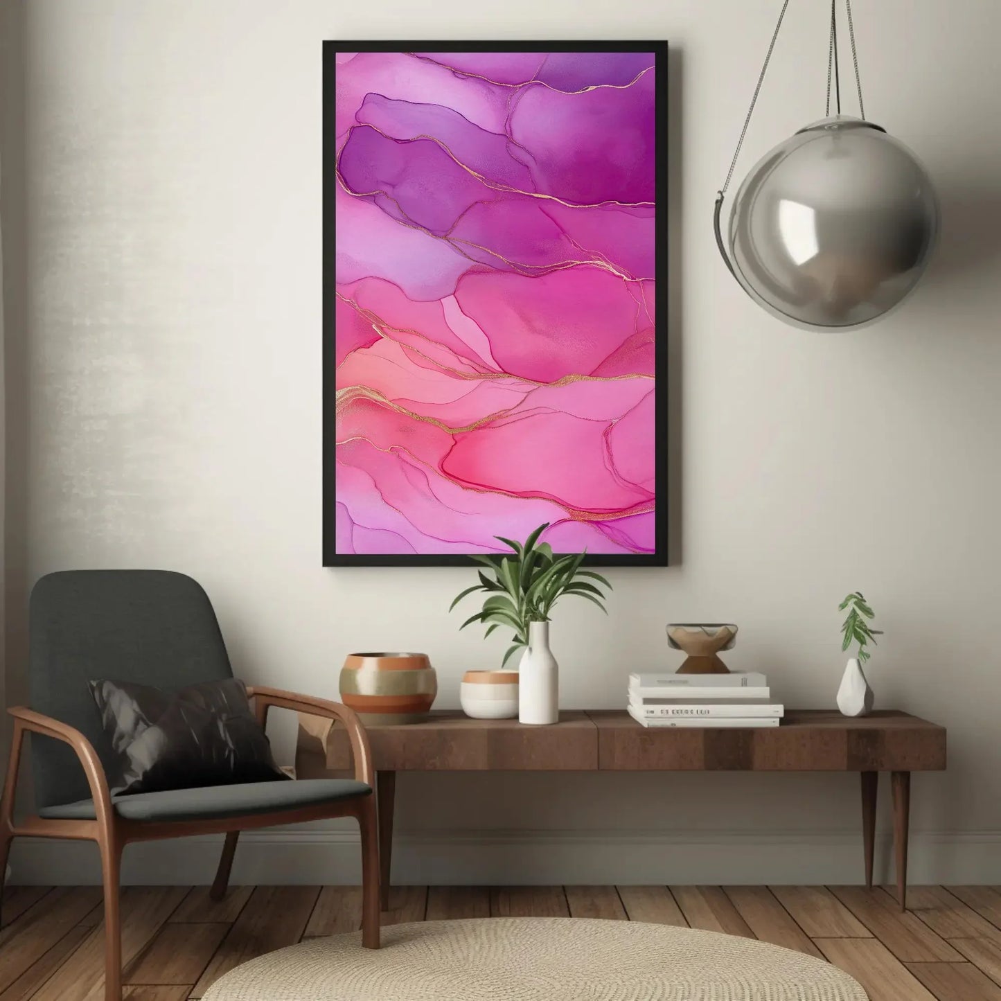 Luxury Abstract Ink Canvas Print, Extra Large Pink and Purple Wall Art with Gold Details, Glam Home Decor for Bedroom, Entryway, or Salon Wall Art – Canvas Print