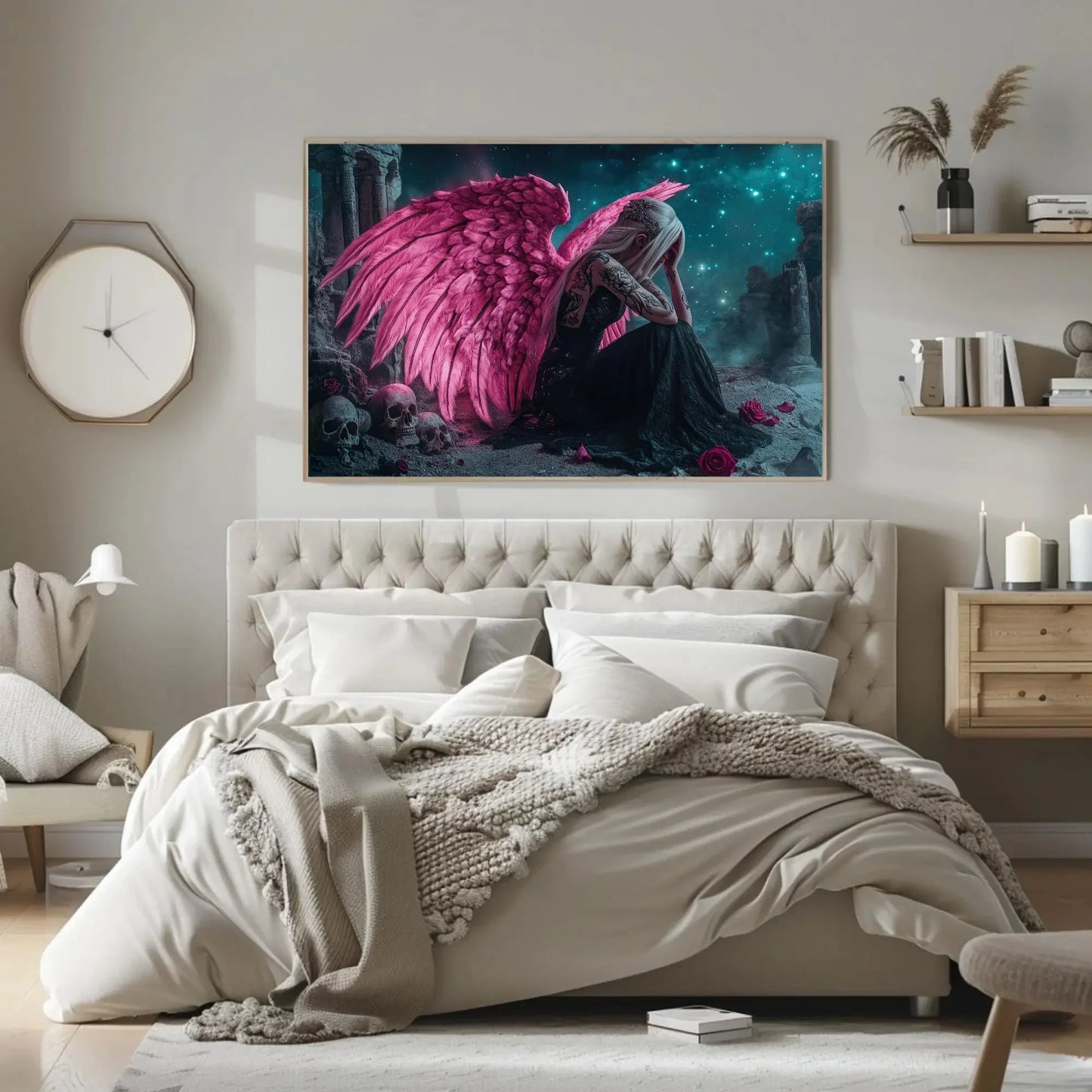 Sad Gothic Angel Canvas Print, Extra Large Pink Wing Tattoo Girl Wall Art, Emotional Fantasy Skull Decor for Alternative Bedroom or Studio Wall Art – Canvas Print