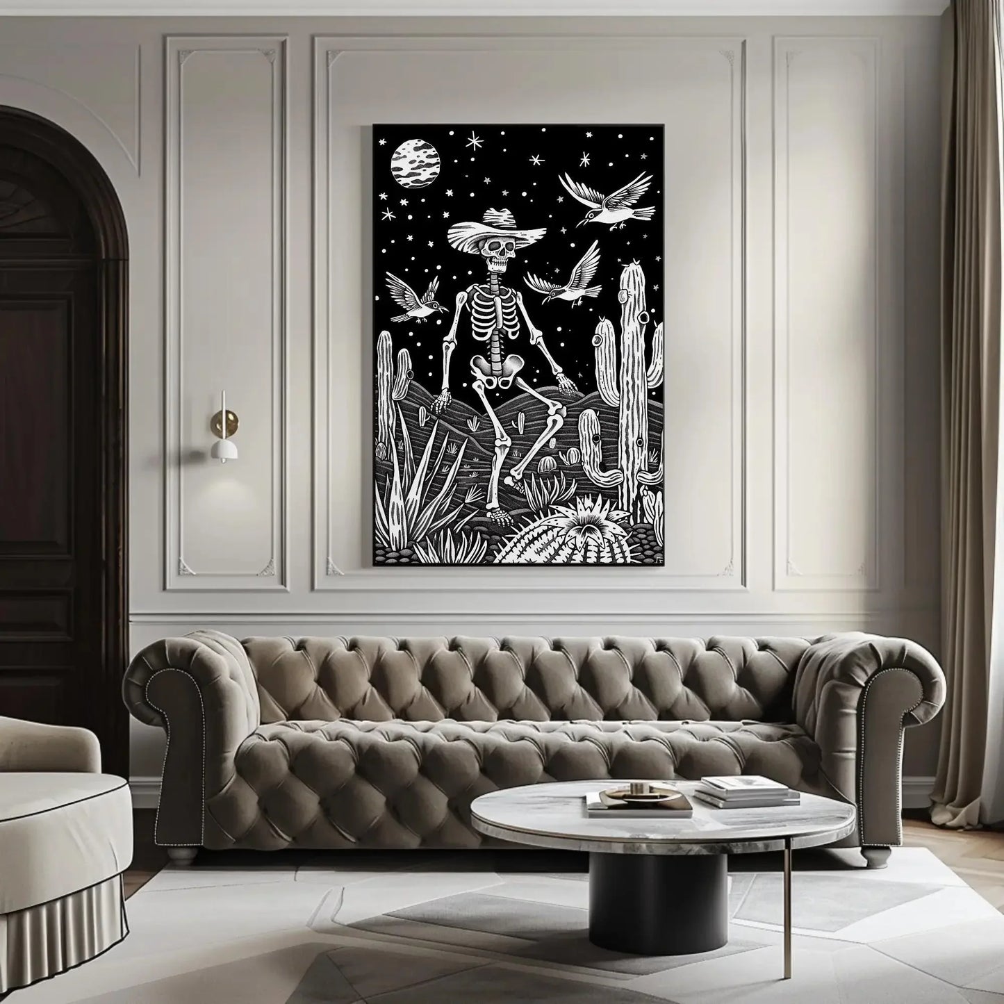 Mexican Skull with Sombrero Canvas Print, Extra Large Black and White Cactus Art, Day of the Dead Wall Decor for Rustic Cultural Home Style Wall Art – Canvas Print