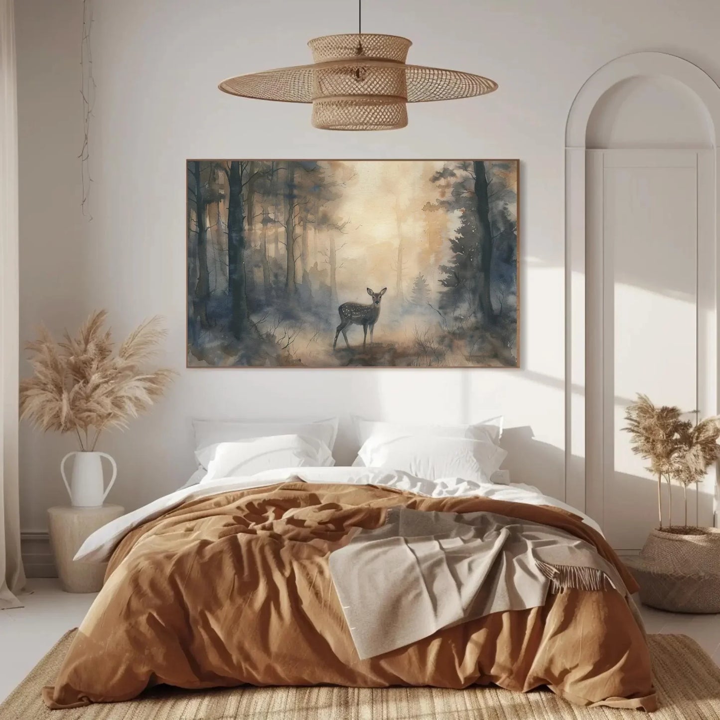 Deer in Misty Pine Forest Canvas Print - Extra Large Watercolor Woodland Painting - Serene Nature Wall Art for Cabin, Lodge, or Rustic Home Wall Art – Canvas Print