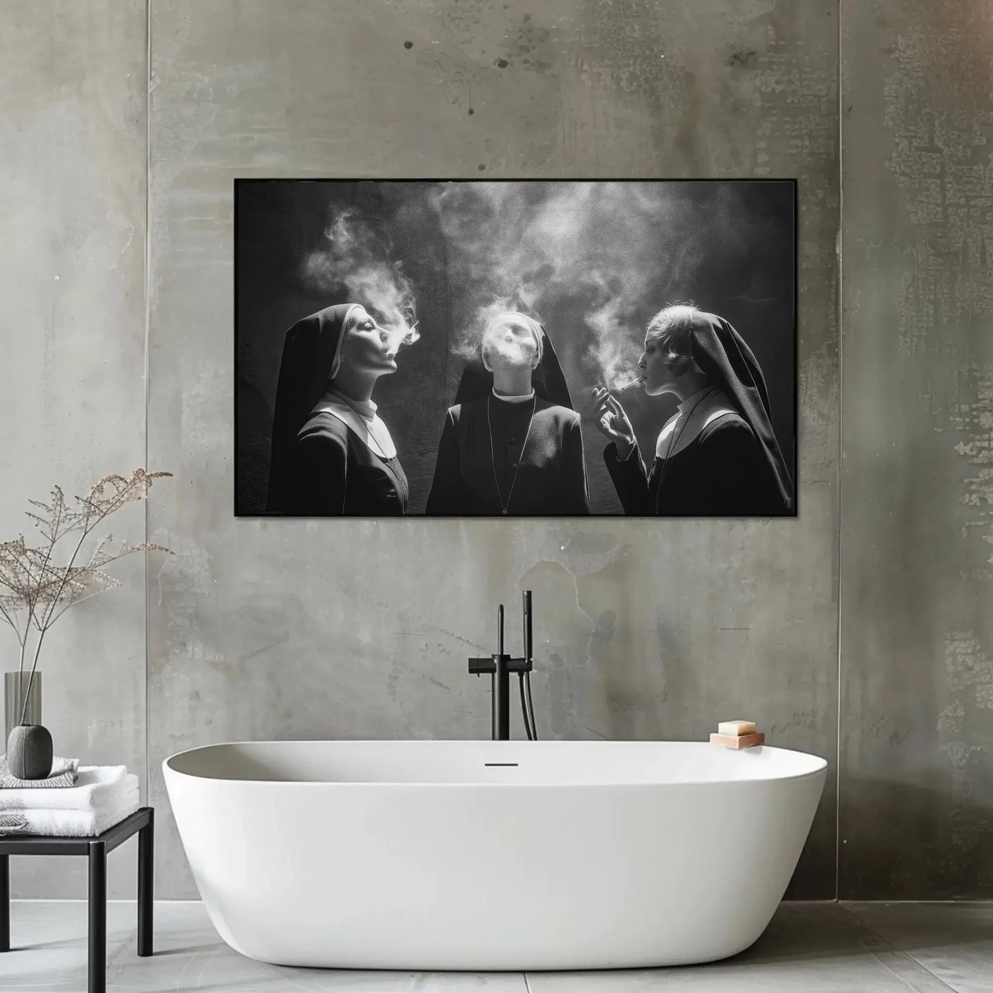 Three Nuns Smoking Canvas Print, Extra Large Monochrome Wall Art, Rebellious Black and White Photo for Modern Living Room or Creative Studio Wall Art – Canvas Print
