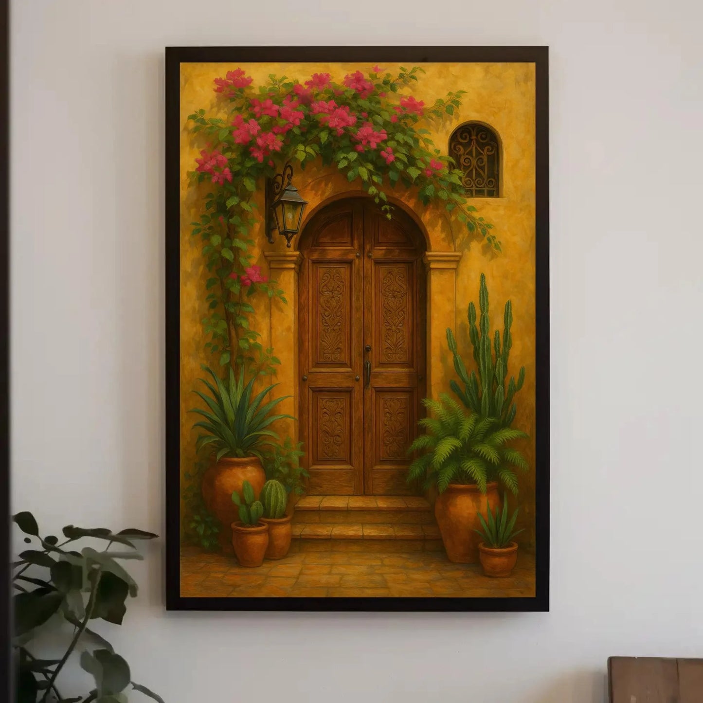 Mexican colonial doorway wall art print rustic terracotta house entrance decor with flowers plants clay pots traditional architecture Wall Art – Canvas Print