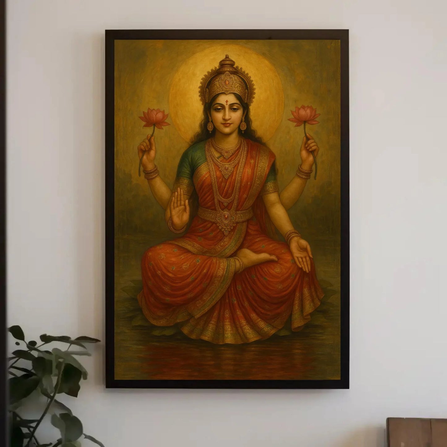 Goddess Lakshmi Hindu Canvas Print – Spiritual Indian Wall Art with Lotus for Mandir, Living Room, or Diwali Gifting Wall Art – Canvas Print