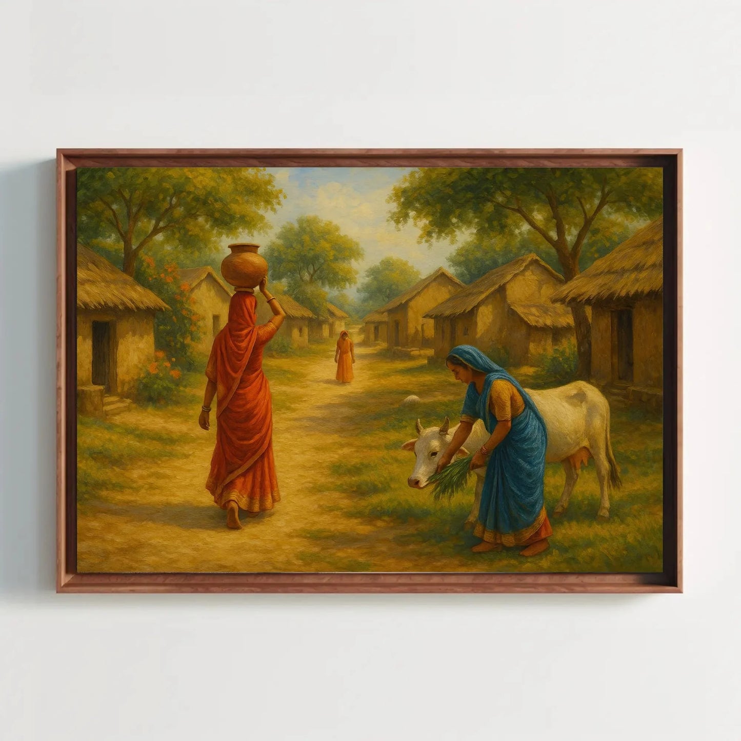Peaceful Indian village life art featuring women in sarees, thatched huts, and cow feeding scene, rustic rural India wall print Wall Art – Canvas Print
