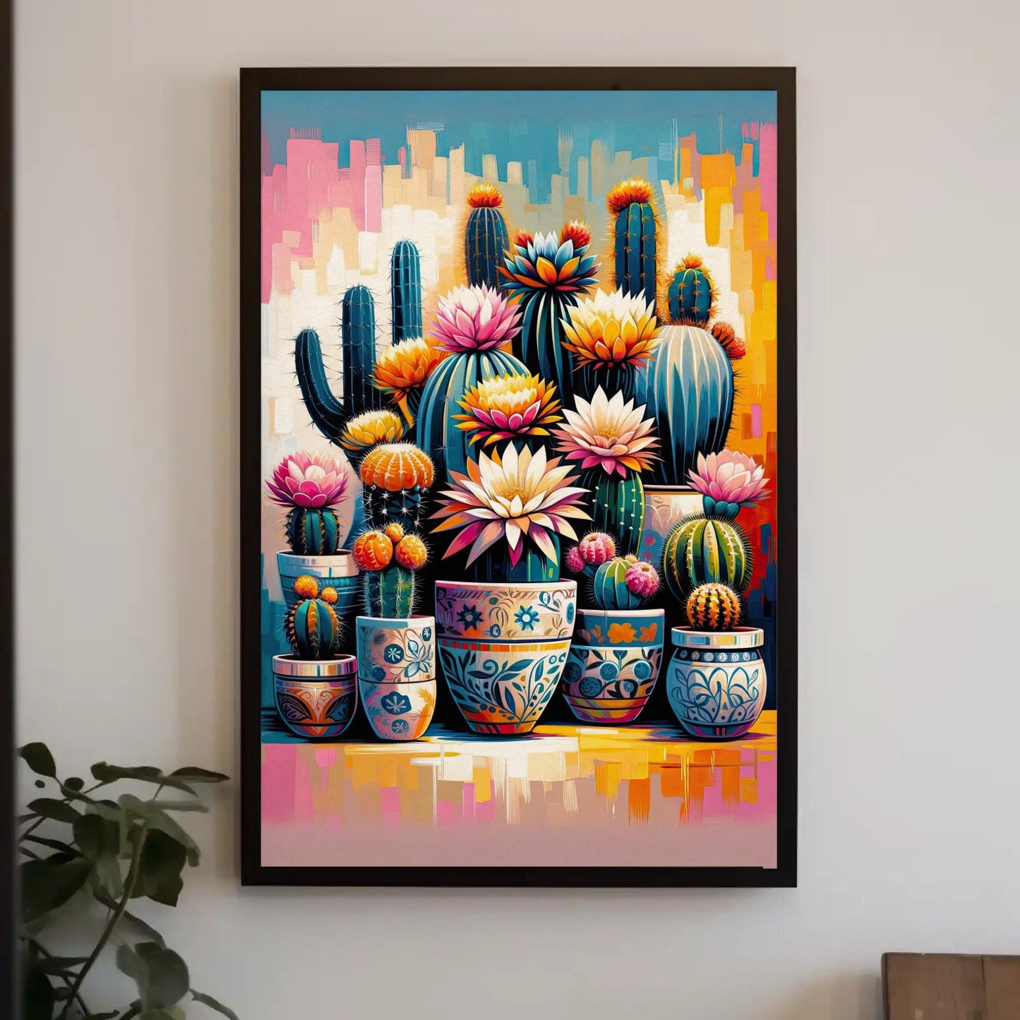 Vibrant Cactus and Flowers Vertical Canvas Print