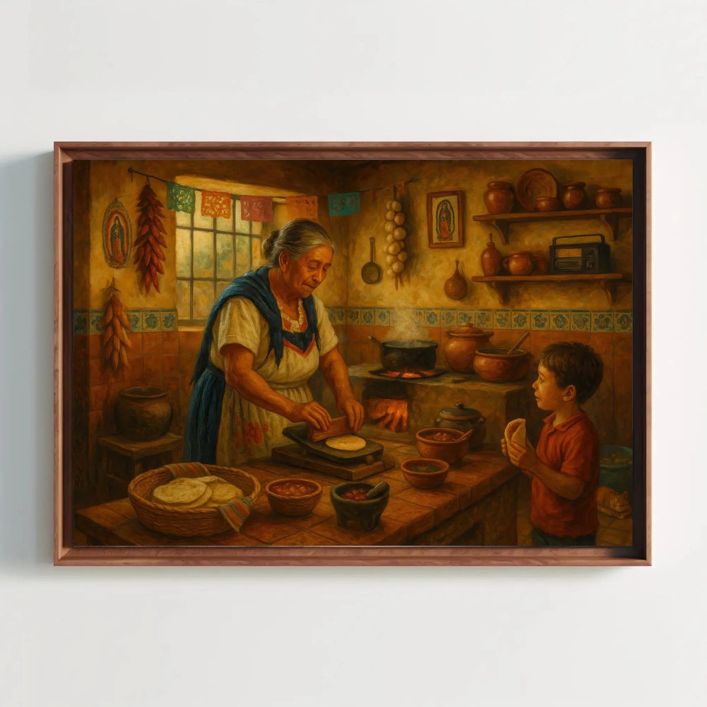 Mexican abuela cooking in traditional kitchen with tortilla press and fire stove, cultural Latin home decor painting print Wall Art – Canvas Print