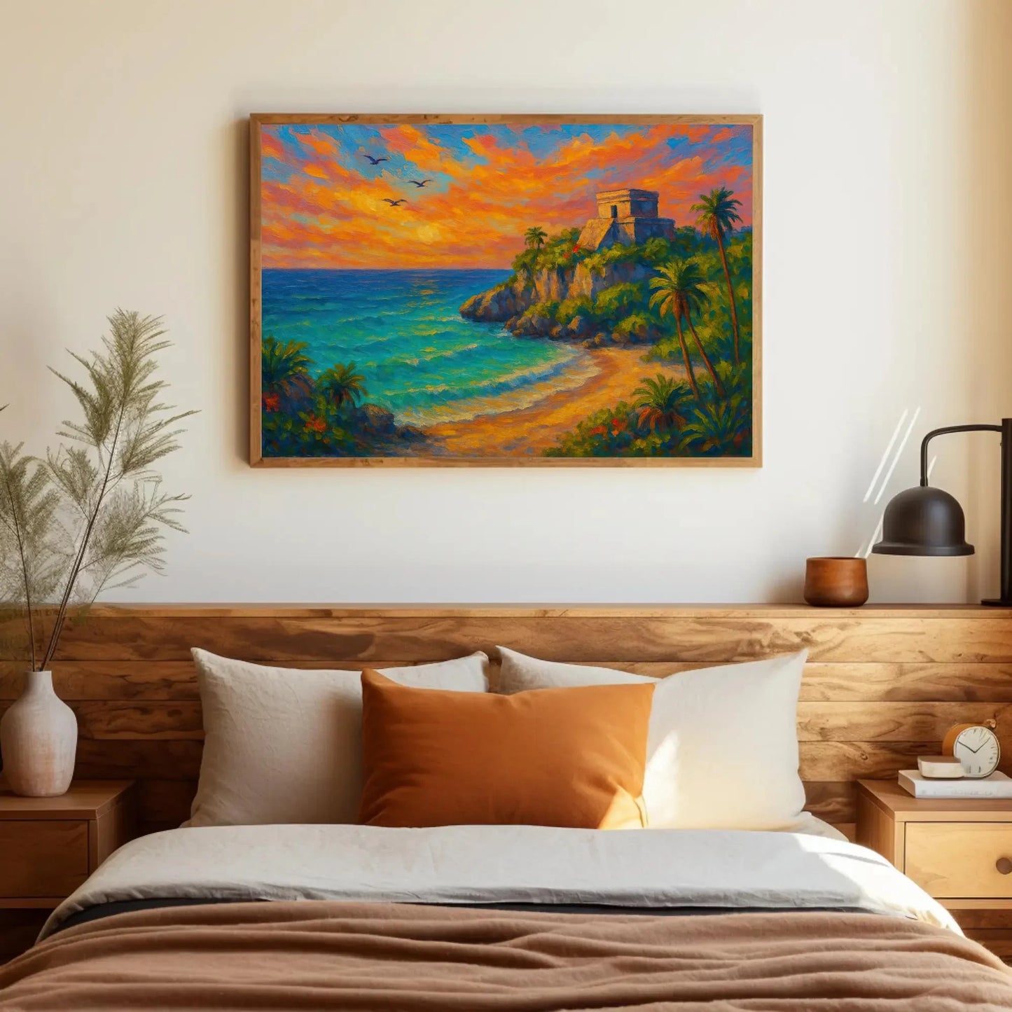 Tulum beach canvas print mayan ruins wall art tropical mexican coast sunset painting boho coastal decor with palm trees and cliff Wall Art – Canvas Print
