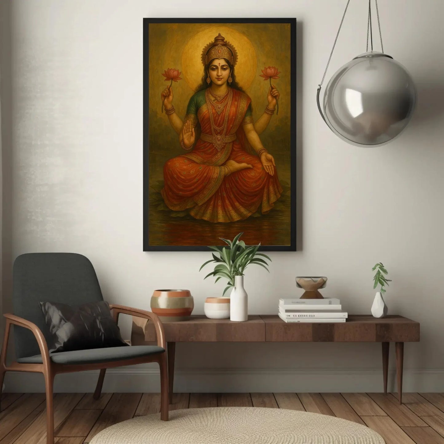 Goddess Lakshmi Hindu Canvas Print – Spiritual Indian Wall Art with Lotus for Mandir, Living Room, or Diwali Gifting Wall Art – Canvas Print