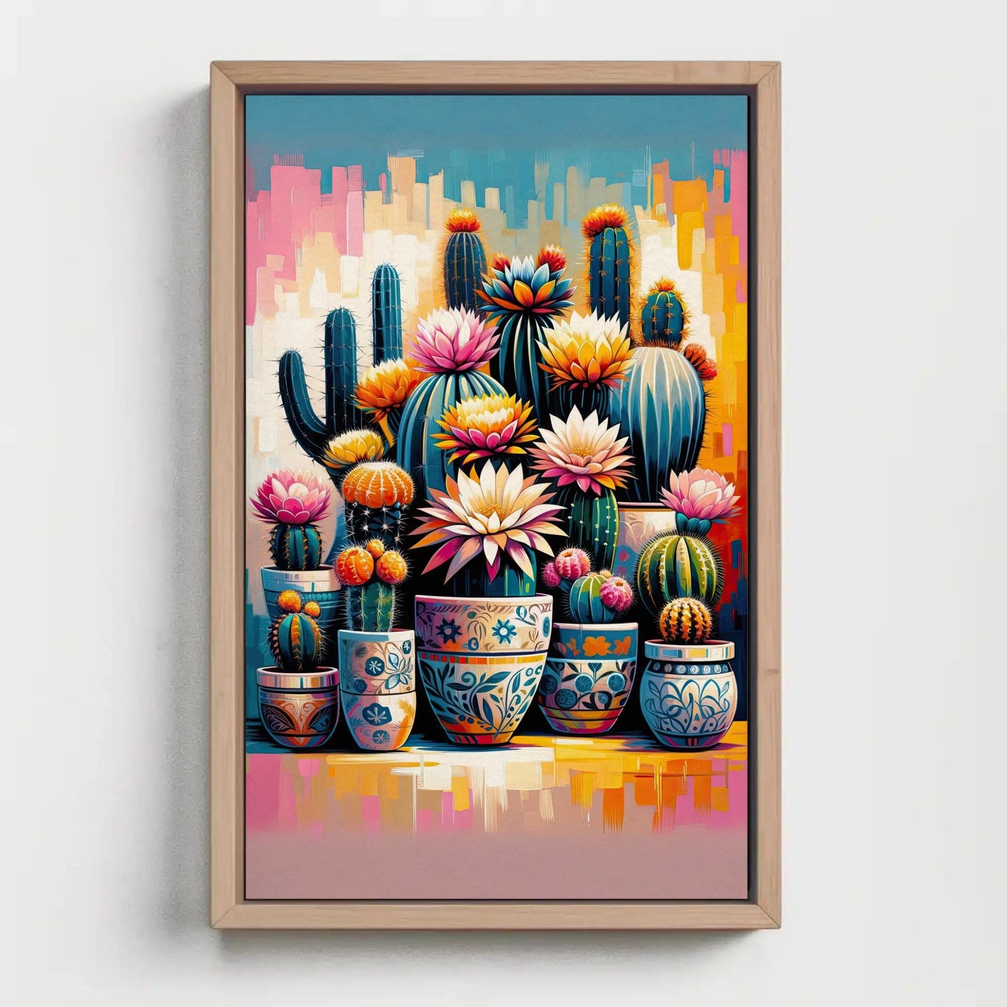 Vibrant Cactus and Flowers Vertical Canvas Print
